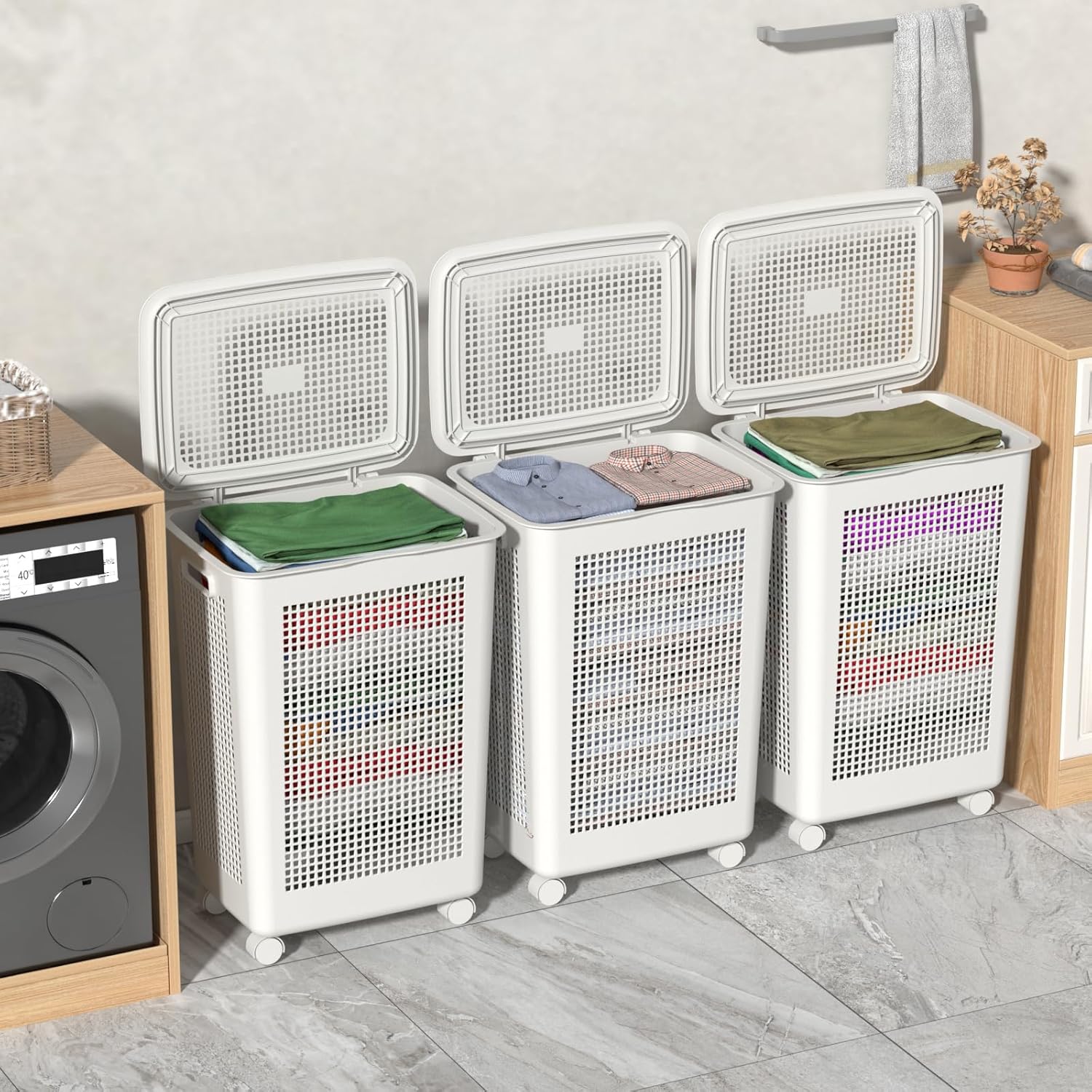 4 Packs 65 Liters Laundry Hamper Baskets with Lids and Wheels, Large Plastic Clothes Baskets