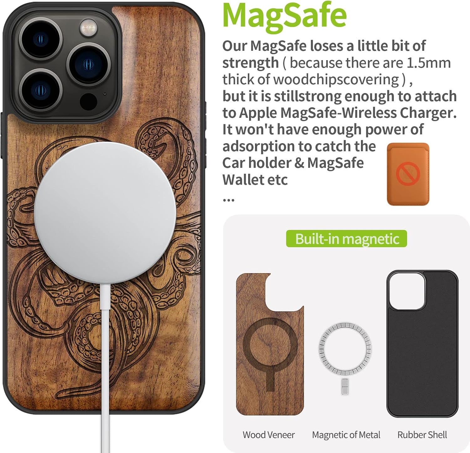Carveit Magnetic Wood Case for iPhone 13 Pro Case [Natural Wood & Black Soft TPU] Unique & Classy Wooden Shockproof Protective Cover Compatible with MagSafe (Octopus Drawing -Walnut)