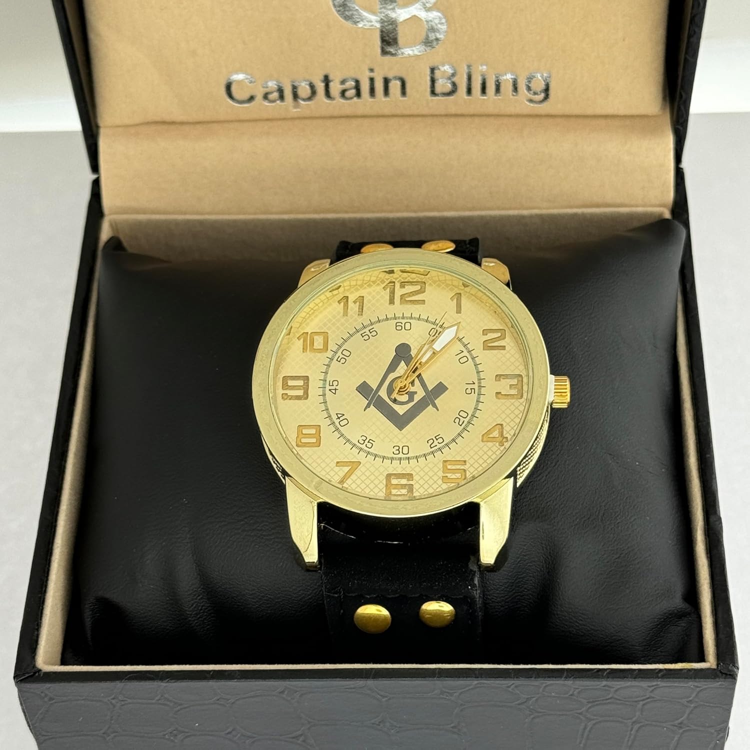Gold Masonic Watch - Leather Strap, Classic Numeral Dial W-2523