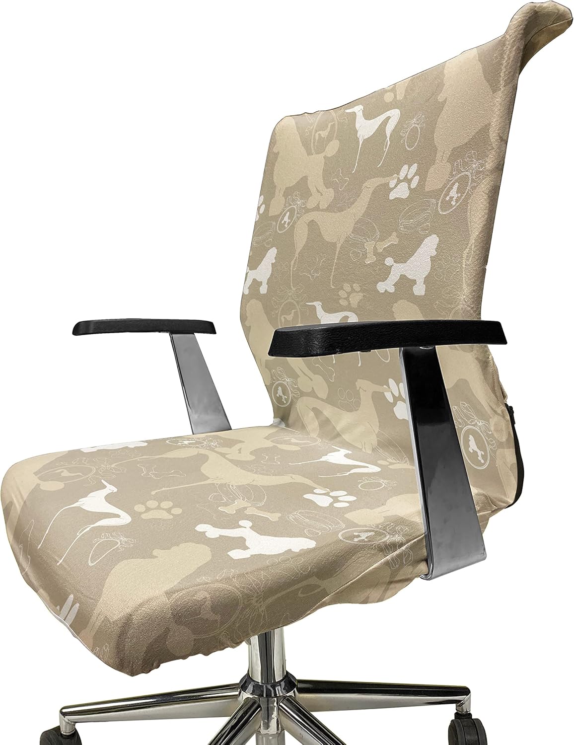 Ambesonne Dog Lover Office Chair Cover, Pet Animals Accessories Leash Paw Print Bone Ornamental Abstract Illustration, Stretchable Decorative Universal Size High Back Printed Slipcover, White Tan