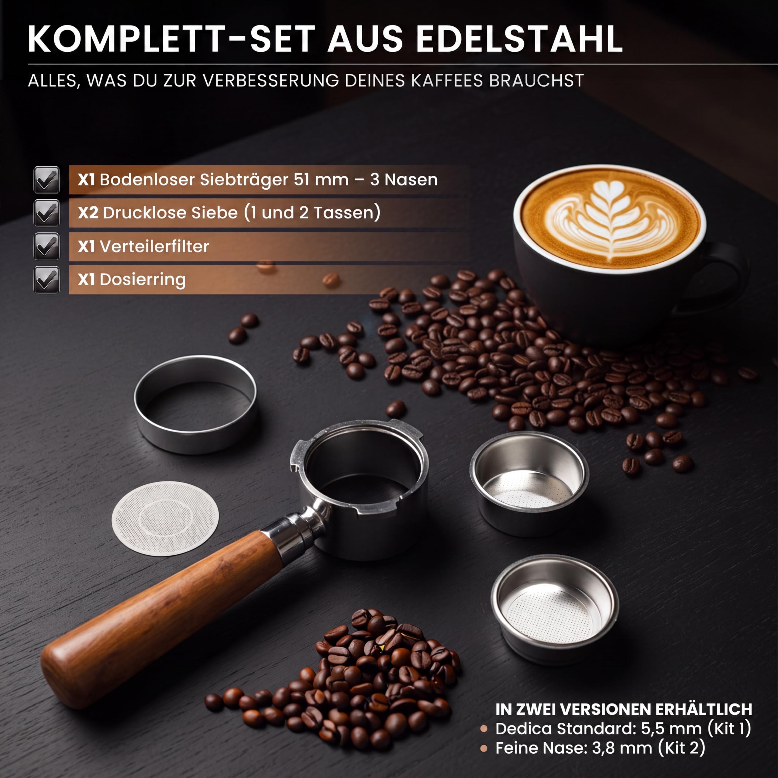 Siebträger ohne Boden, 51 mm, 3,8 mm, feines Ohr, kompatibel mit De'Longhi EM450.M, ECP, Power Espresso 20, 2 Filter, Verteilerfilter und Dosiertrichter (kompatibel mit EM450 / ECP (3,8 mm))
