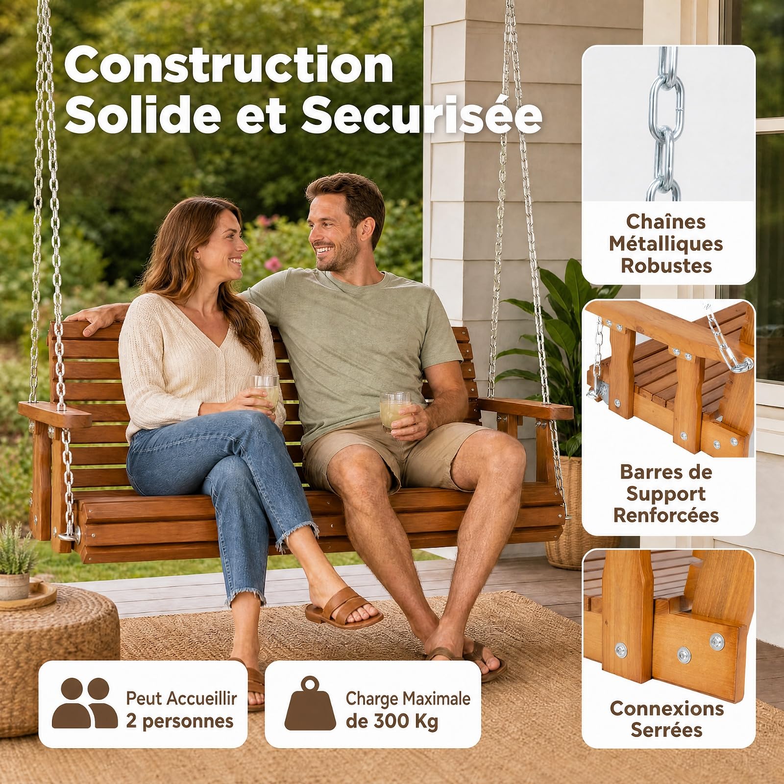 COSTWAY Balancelle de Jardin en Bois Sapin 2 Places, Chaînes Réglables