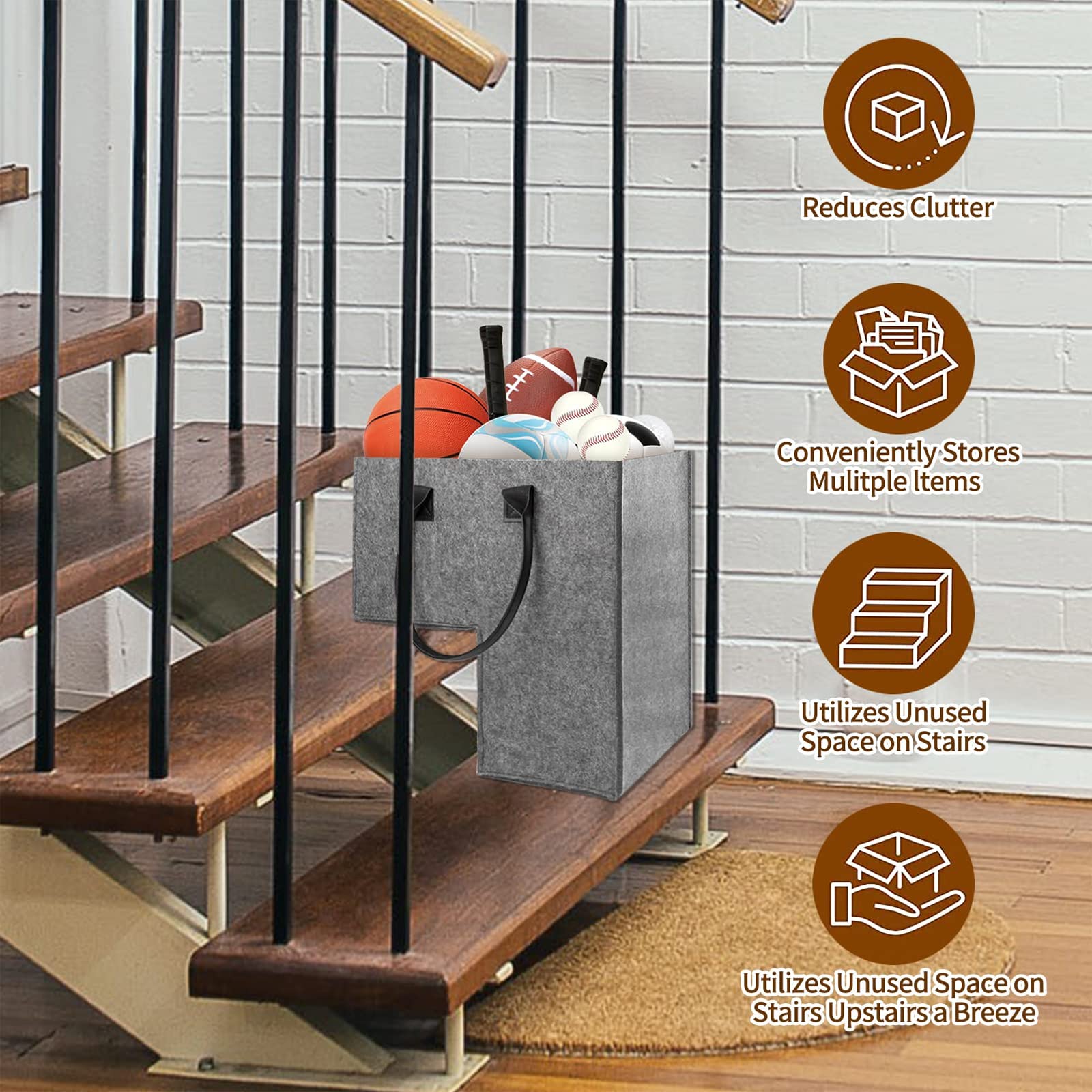 2 Stuks Trapmand Met Lederen Handgrepen Voor 16inch Vloerbedekking Trap Organizer Vilt Inklapbare Mand