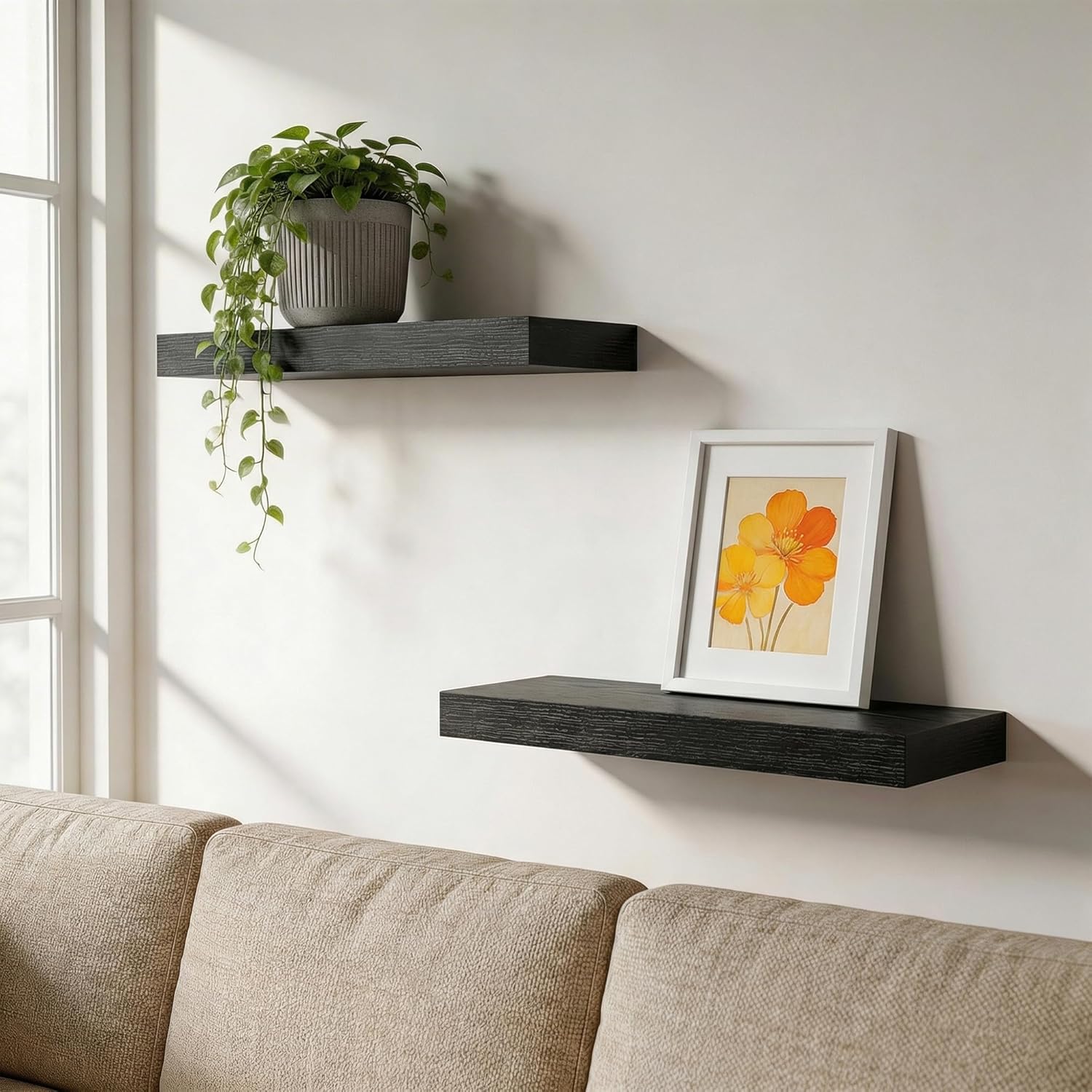 16" Width Floating Shelves, Wall Shelves for Bathroom/Living Room/Bedroom/Kitchen Decor, Black Shelves with Invisible Brackets Set of 2