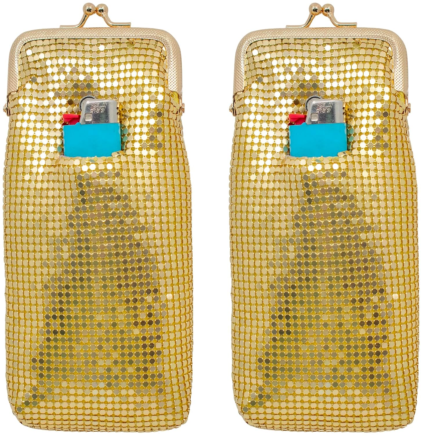 Set of 2 Vintage Soft Metallic Mesh Long Cigarette Case Purses with Lighter Pocket (3mm, Gold)