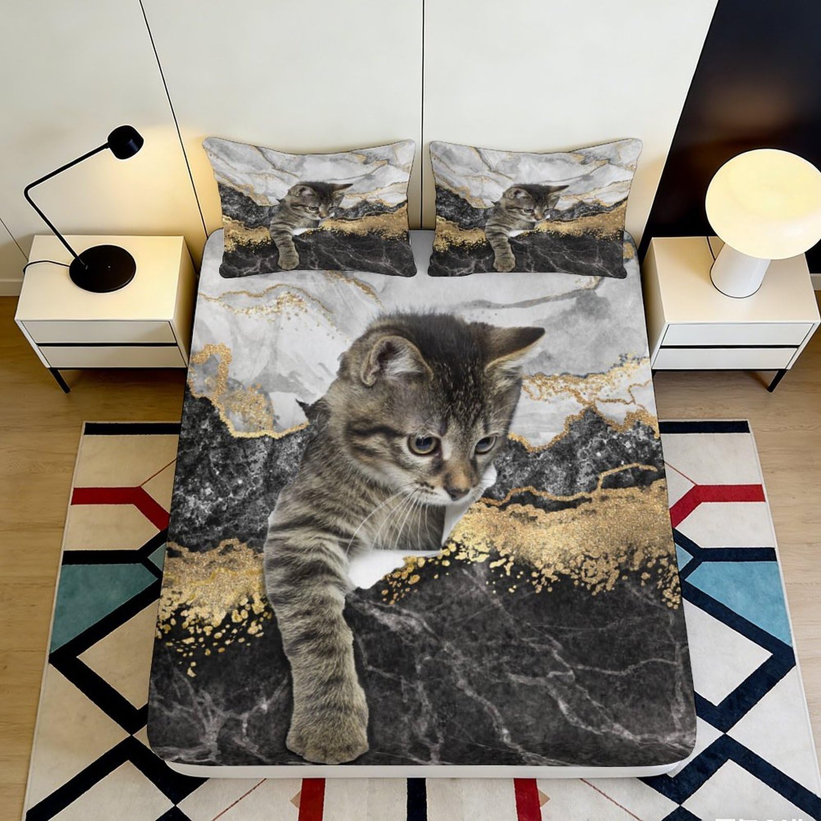 3D Printed Realistic Cat Fitted Sheet Microfiber Soft Grey Tabby Gold Marble Mattress Cover Bedroom Dorm Decor Machine Washable 90x200x25cm