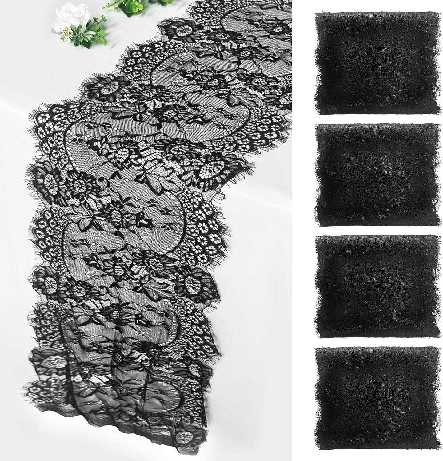 4Pcs Black Lace Table Runner, 14*118 Inch Large Floral Pattern Lace Tablecloth, Black Table Runner for Wedding Bridal Baby Shower