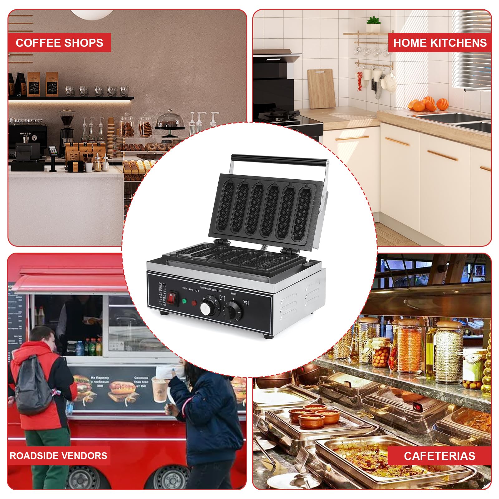 Máquina para hacer gofres de maíz comercial para perros, máquina para hacer gofres, 6 piezas, antiadherentes, de acero inoxidable, 0 a 250 ℃, control de temporizador de temperatura, 110 V