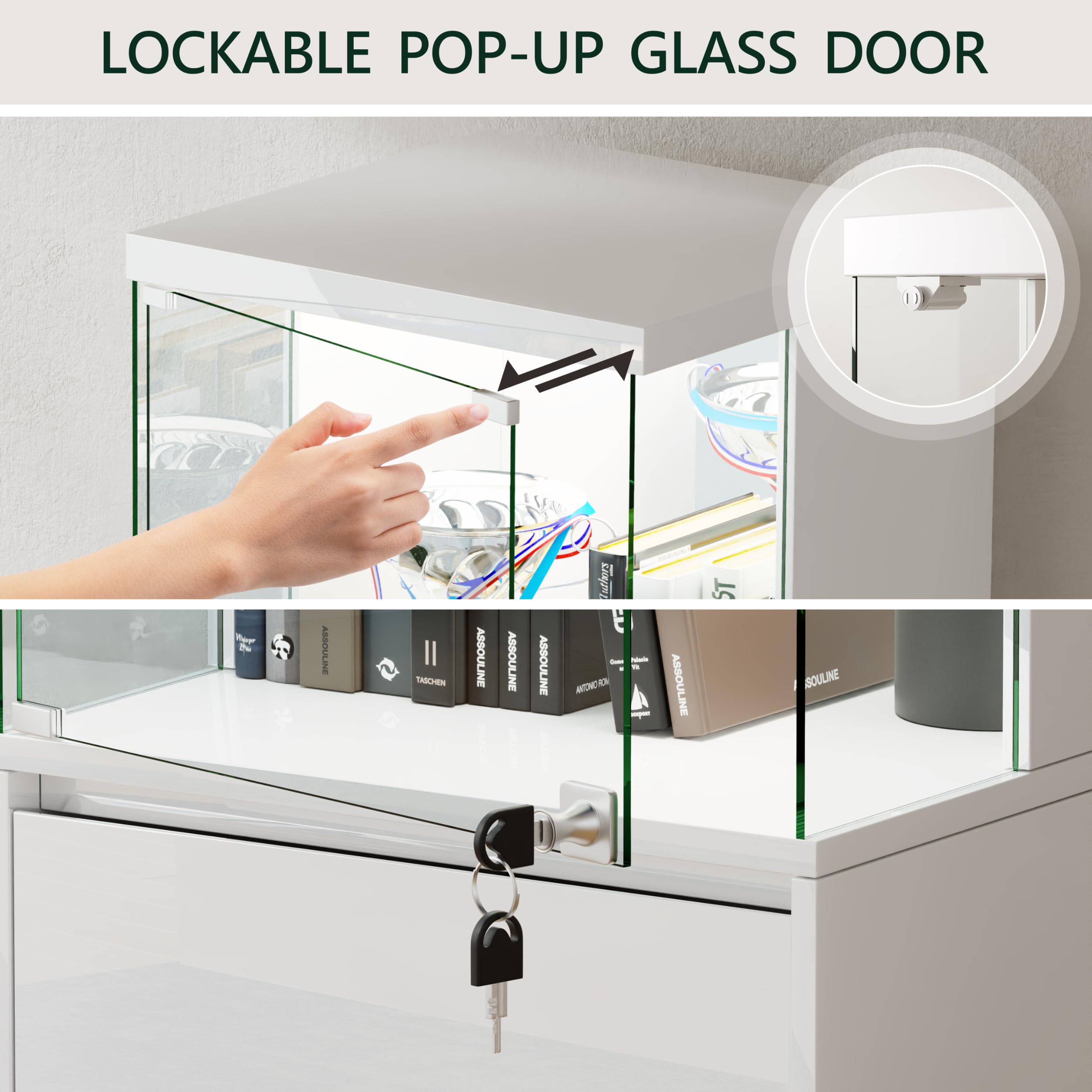 Lvifur Glasvitrine mit LED Beleuchtung und Schubladen,Vertikale Vitrine mit Intelligente Sensorik,Glas Holz Vitrinenschrank 3-Lagen Sammlervitrine für Sammlerstücke,Wein,Wohnzimmer,Schlafzimmer
