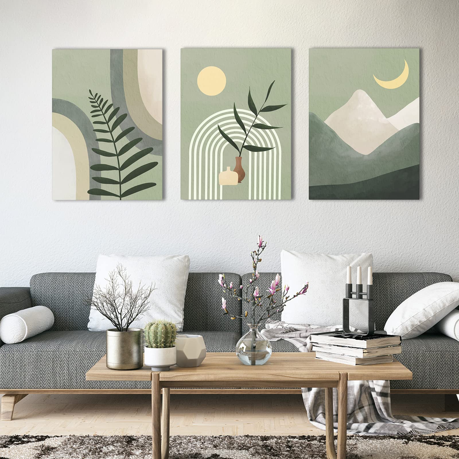 Boho Wall Art Painting,Boho Wall Art Set of 3, Sage Green Minimalist Framed Canvas Wall Art Geometric Leaf Sun Moon Beige Green Canvas Artwork 12