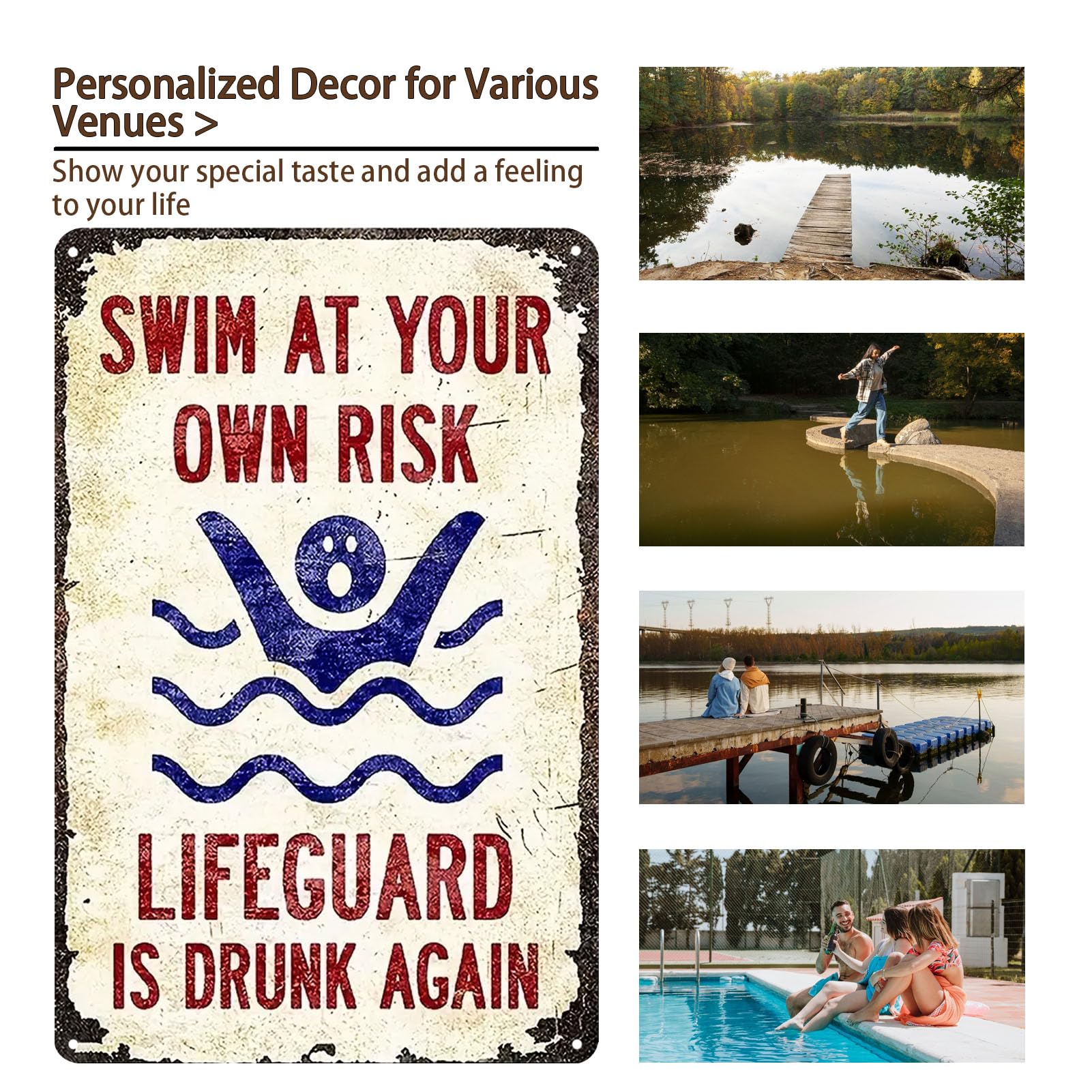 2466 Plaque en métal avec inscription « Swim at your own risk » - 30,5 x 20,3 cm (2466)