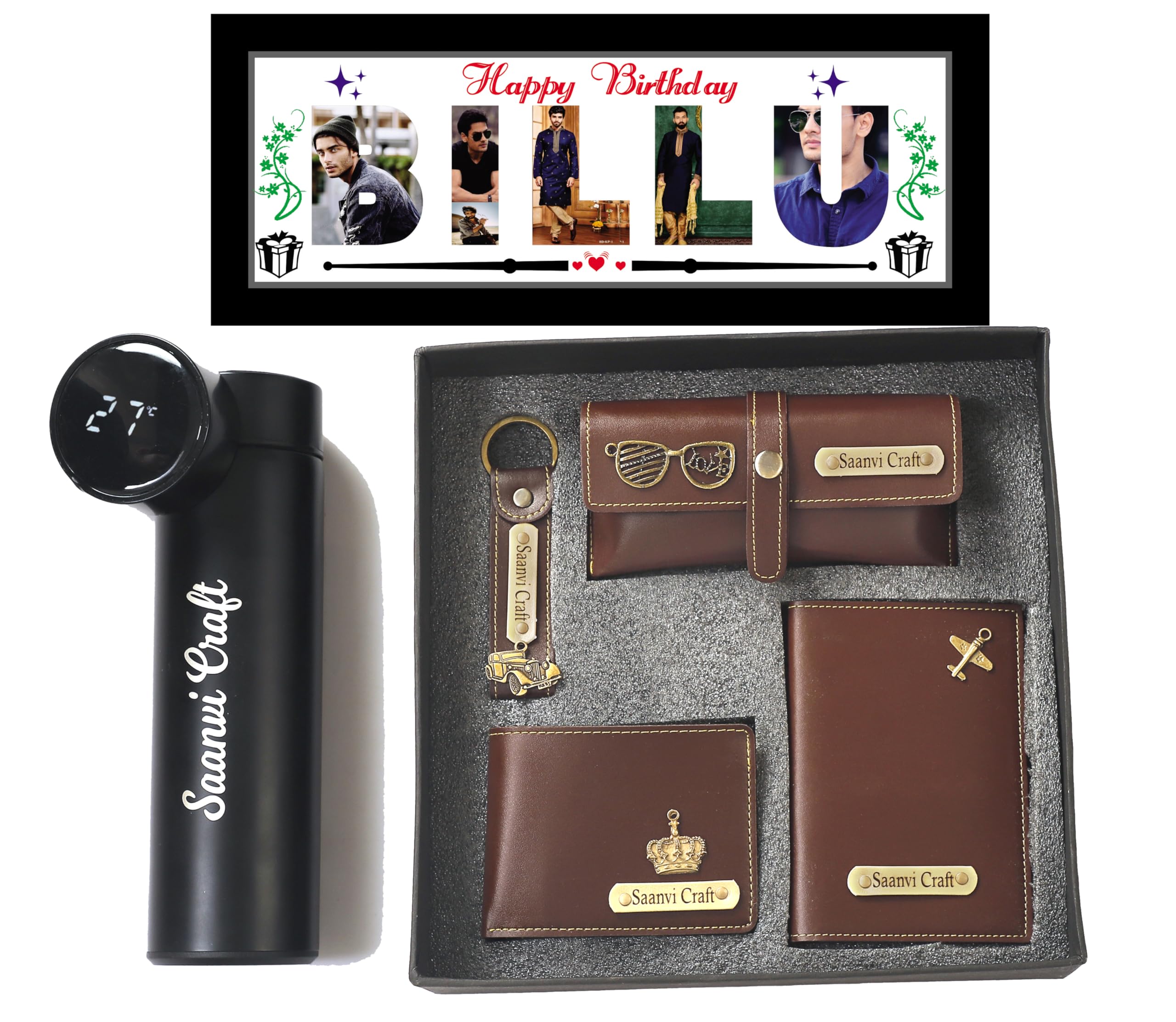 Dream Gift Glore Name Customized Mens Gift Hamper Set with Water Bottle, Passport Cover, Men Wallet, Sunglasses Cover, Keychain and Photo Frame (10x4) (Brown)-image-42