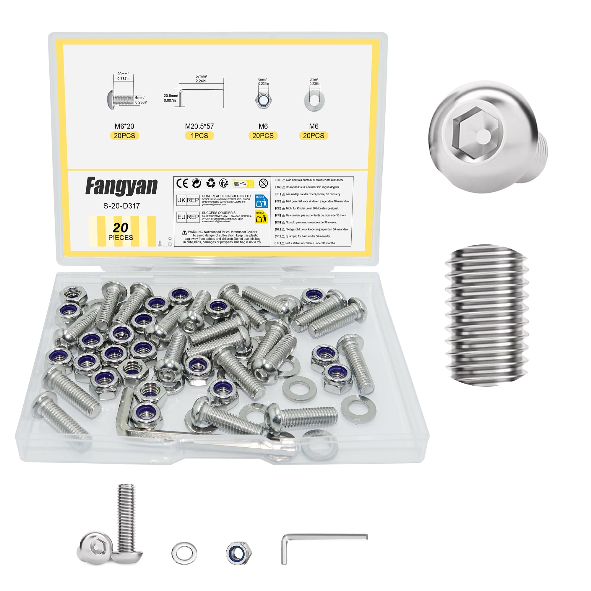 Fangyan 20 PCS M6 x 20mm Hex Socket Button Head Screws, Stainless Steel Machine Bolts with Nylon Lock Nuts, Flat Washers & Hex Wrench Assortment Kit for Furniture, Equipment & DIY Assembly