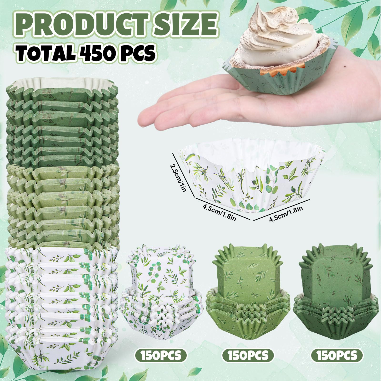 Whaline 450Pcs Greenery Mini Square Cupcake Liners Eucalyptus Olive Leaf Cupcake Wrappers Green Leaves Muffin Baking Cup for Wedding Bridal Baby Shower Birthday Party Decor