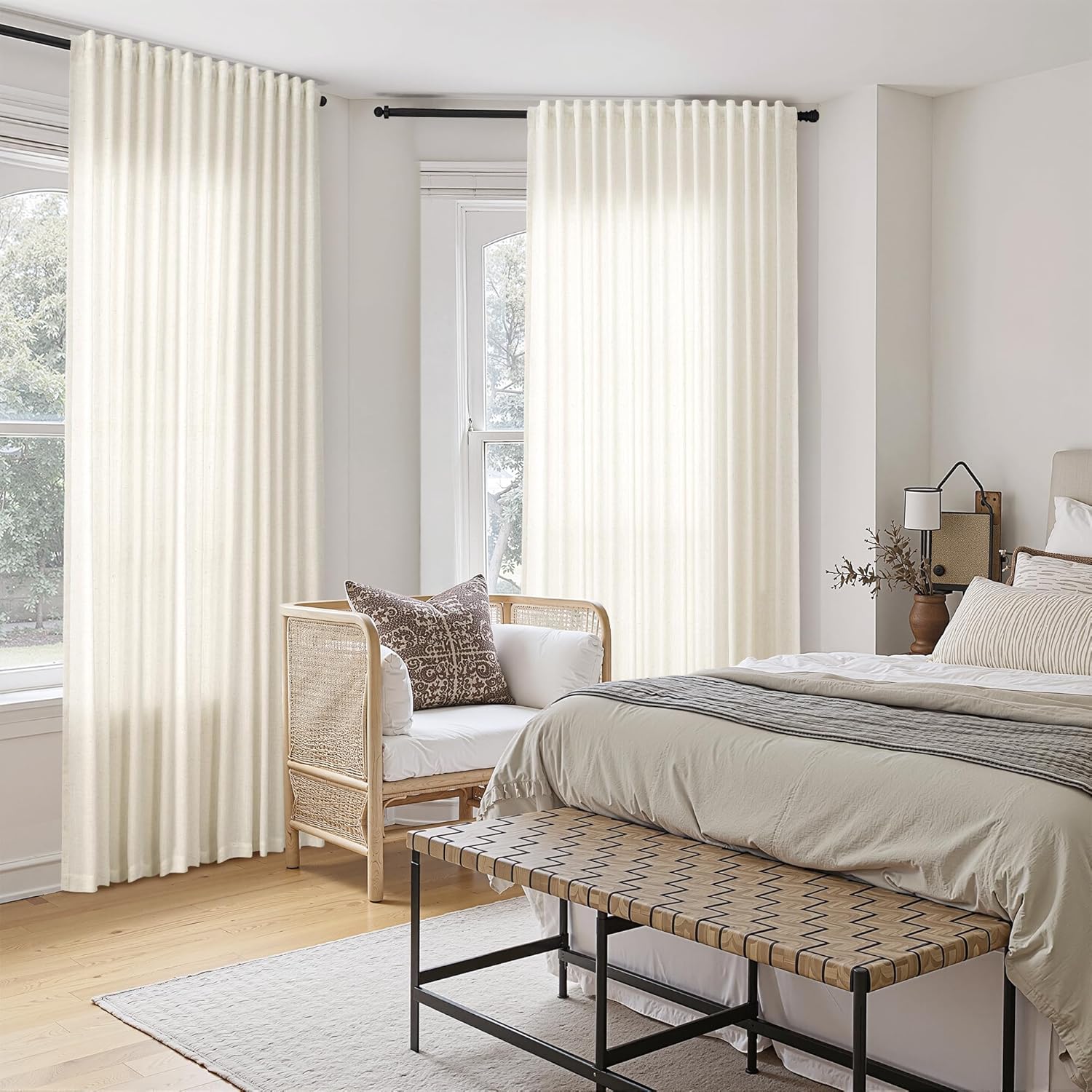 Nanspring Sliding Door Linen Curtains Extra Wide Linen Textured Light Filtering Farmhouse Boho Room Divider Drape for Living Room Large Window Patio Door, 100 x 102 inches Long, 2 Panel Natural