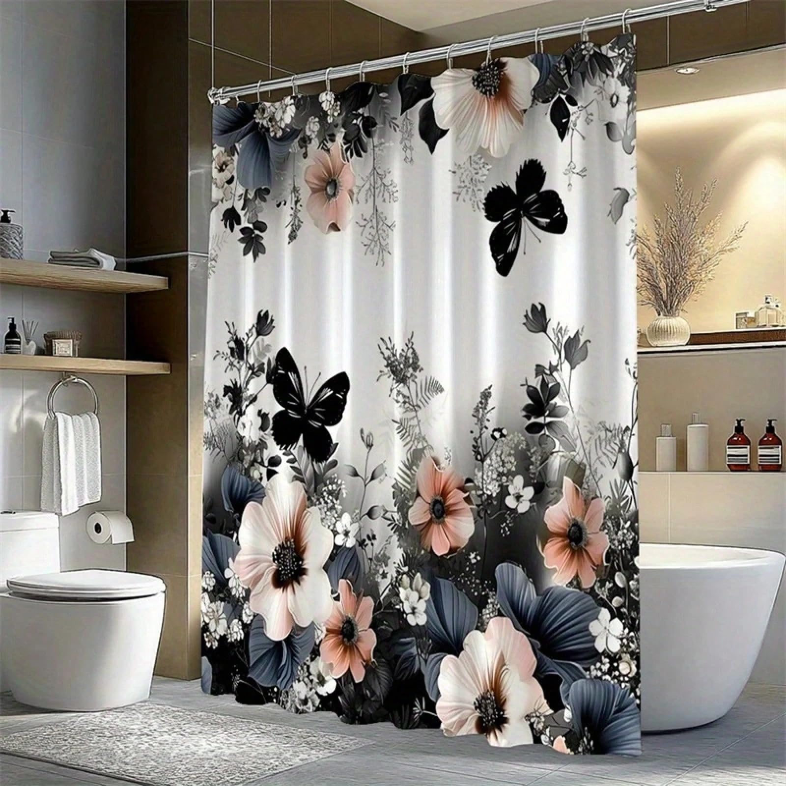 Farn-Duschvorhang, floraler Badezimmervorhang mit rosa/weiß/blauen Blumen und schwarzen Mustern (180 x 300 cm / 71 x 118 Zoll (B x H))