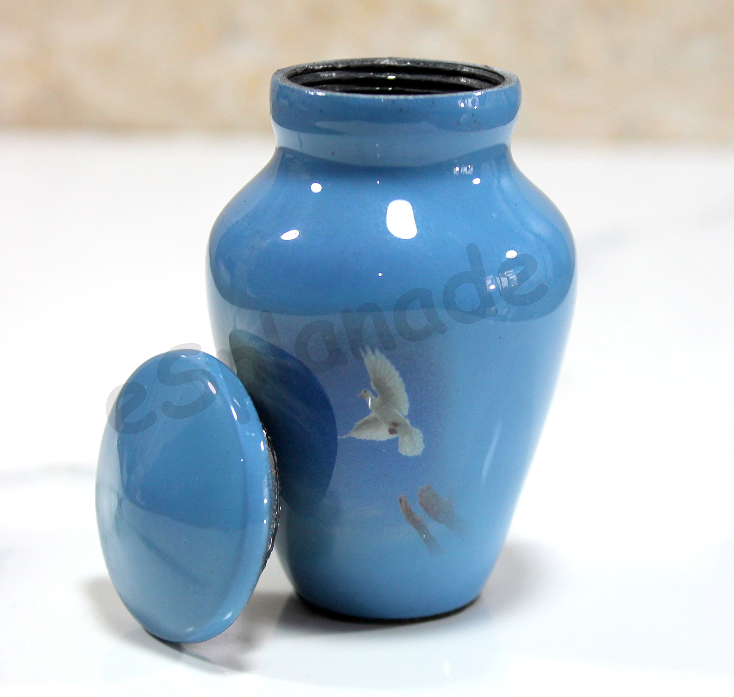 Esplanade Mini urna de cremación de metal, contenedor conmemorativo para recuerdo de cenizas funerarias, recuerdo impreso de paloma blanca, azul, 3 pulgadas