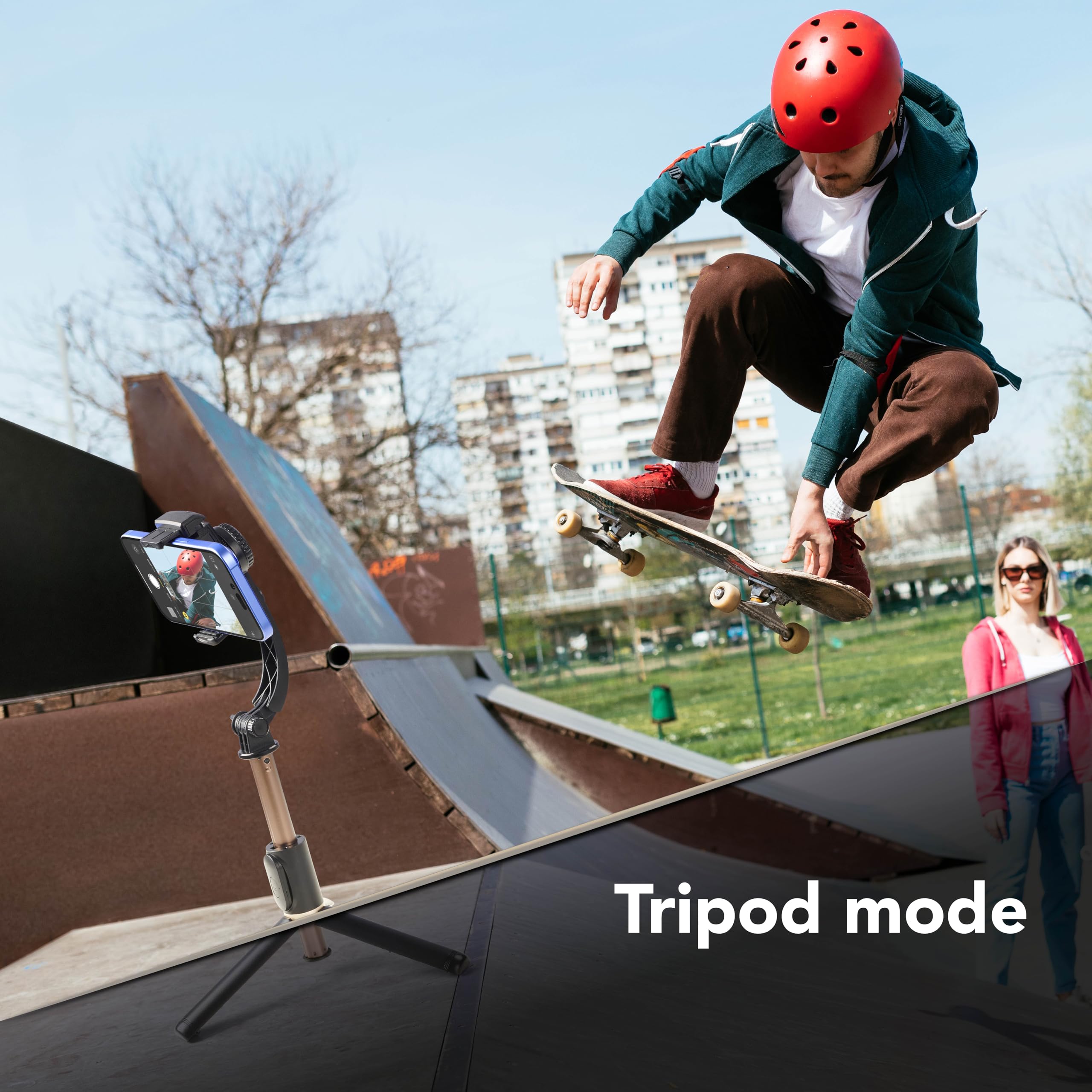 Cellularline FREEMOTION Gimbal 3 w 1 z inteligentnym stabilizatorem zapobiegającym wstrząsom, kijkiem do selfie, statywem, pilotem zdalnego sterowania Bluetooth, aluminium, format pionowy i poziomy