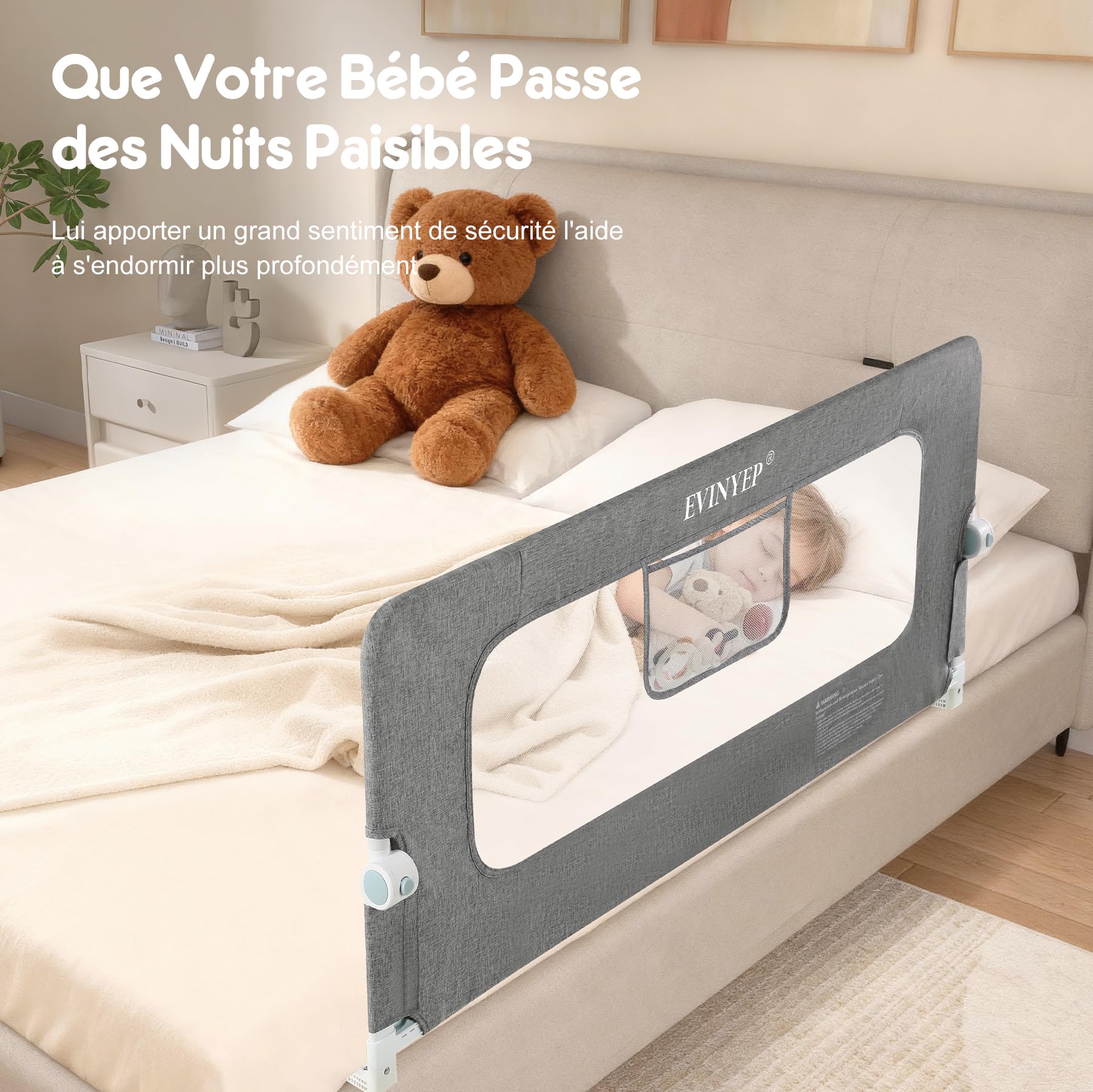 Barrière de Lit Enfant 150 cm Repliable, Cadre Large Anti-Collision pour Tous Types de Lits