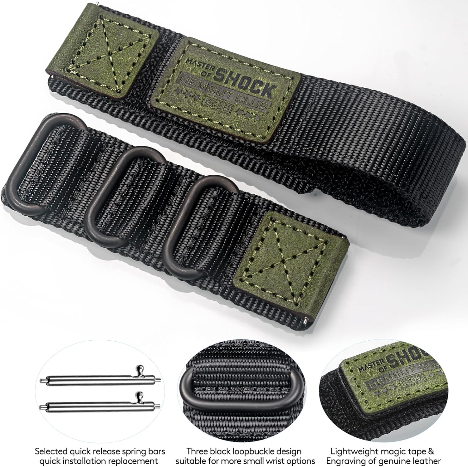 22mm Triple-Ring Metal Buckle Leather & Nylon Magic Tape Watch Strap for Carbinox Edge/X-Ranger/Vortex/Blaze Square, Amazfit T-Rex 3 Pro 48mm, Suunto Run/9 Peak, Garmin Forerunner 265 ect.