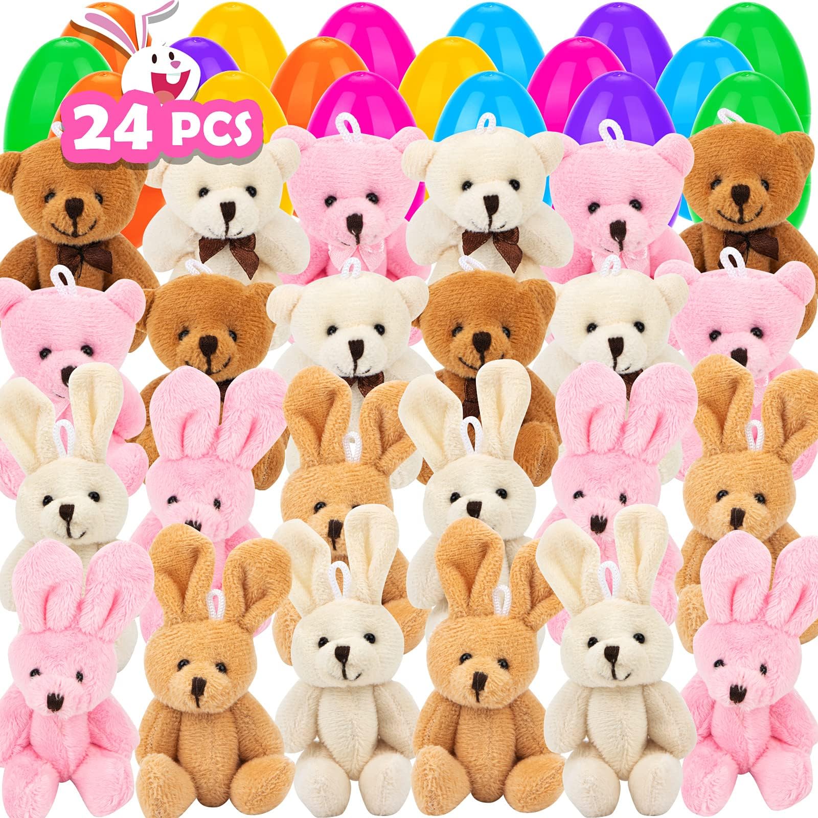 NEWBEA24 Pack Prefilled Easter Eggs with Stuffed Animals,3.15" Plastic Easter Eggs Filled with Toys,Perfect for Easter Eggs Hunt,Easter Basket Stuffers,Party Favors