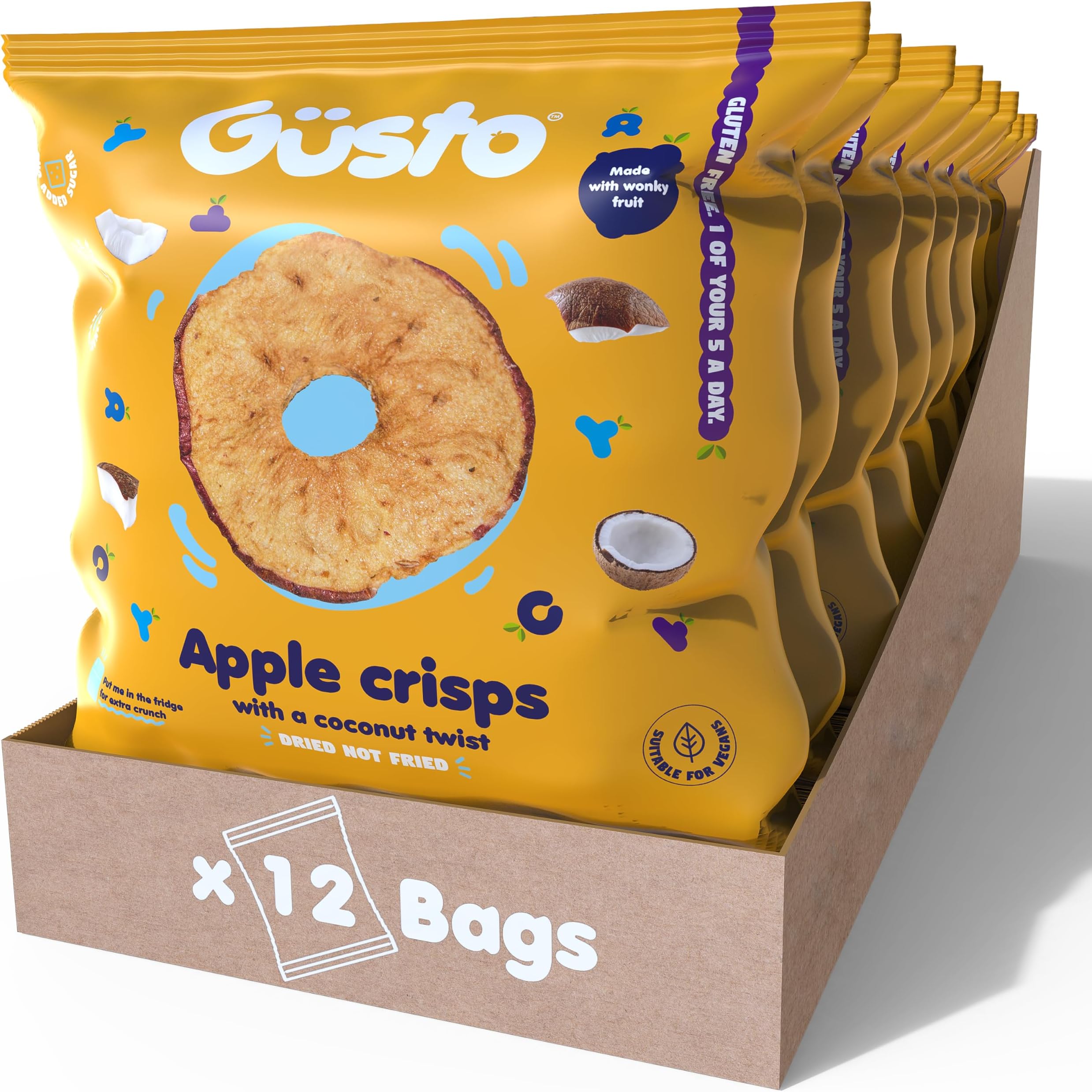 GUSTO SNACKS Crunchy Apple Crisps with Coconut - Case of 12 (20g) - 100% Dried Fruit Snacks - No Added Sugar, High in Fibre, Vegan, Vegetarian, Low Calorie, Gluten free, Nut free & Fat Free