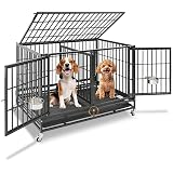 Homey Pet 43' Double Dog Crate, Heavy Duty Stackable Kennel with Divider | Drop Cage for Dogs with Dual Doors, Auto Locks, Bowls, Removable Tray, for Small & Medium Dogs, Breeders and Multi-dog Homes 43.0'L x 28.0'W x 29.0'H