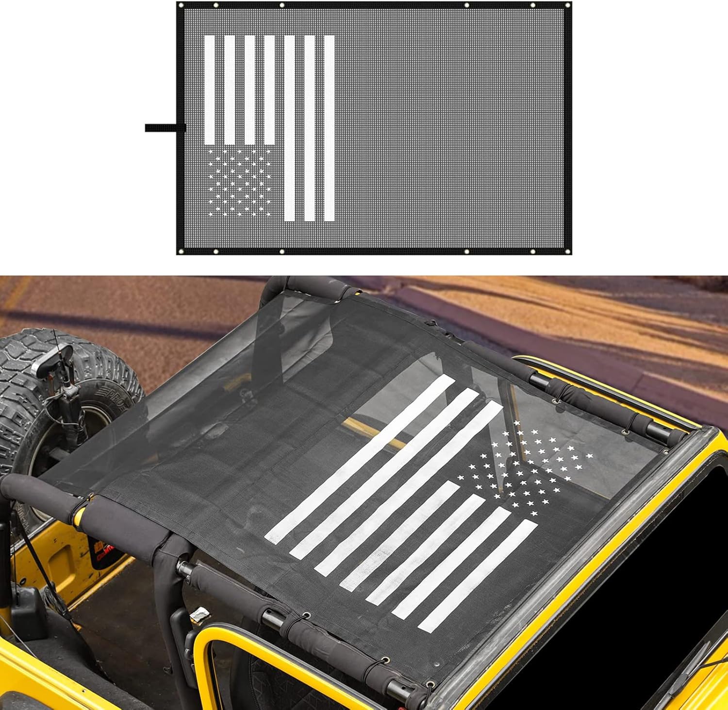 Jimen for TJ Sun Shade, Mesh Bikini Top Sunshade Compatible with Jeep Wrangler TJ 1997-2006 (American USA Flag)