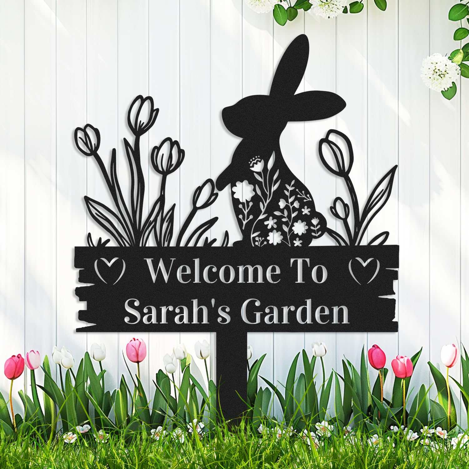Adthyuxq Rabbit5 Personalised Easter Bunny Flowers Rabbit Garden Decor Sign With Stake, Customized Custom Metal Rabbit Yard Stake Name Sign Outdoor Decorative Lawn Backyard Art Garden Plaque With Hearts