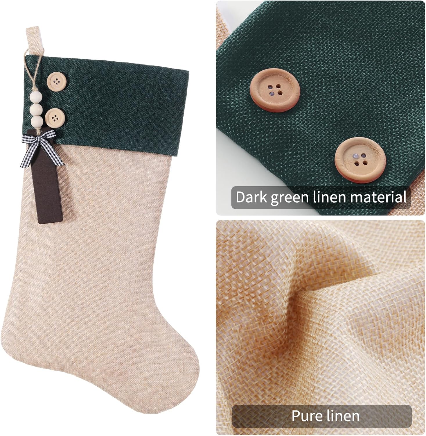 19.5 inch Personalized Burlap Christmas Stockings，Blank Wooden Tags DIY Name,Holiday Party Decor（Green flaxen 12Pcs）