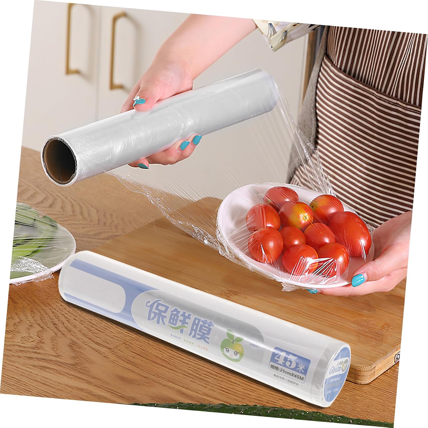Disposable Pe Food Wrap Roll 2pcs 25cm X 45m with Slide Cutter, Kitchen Cling Film for Food Preservation and Produce Storage