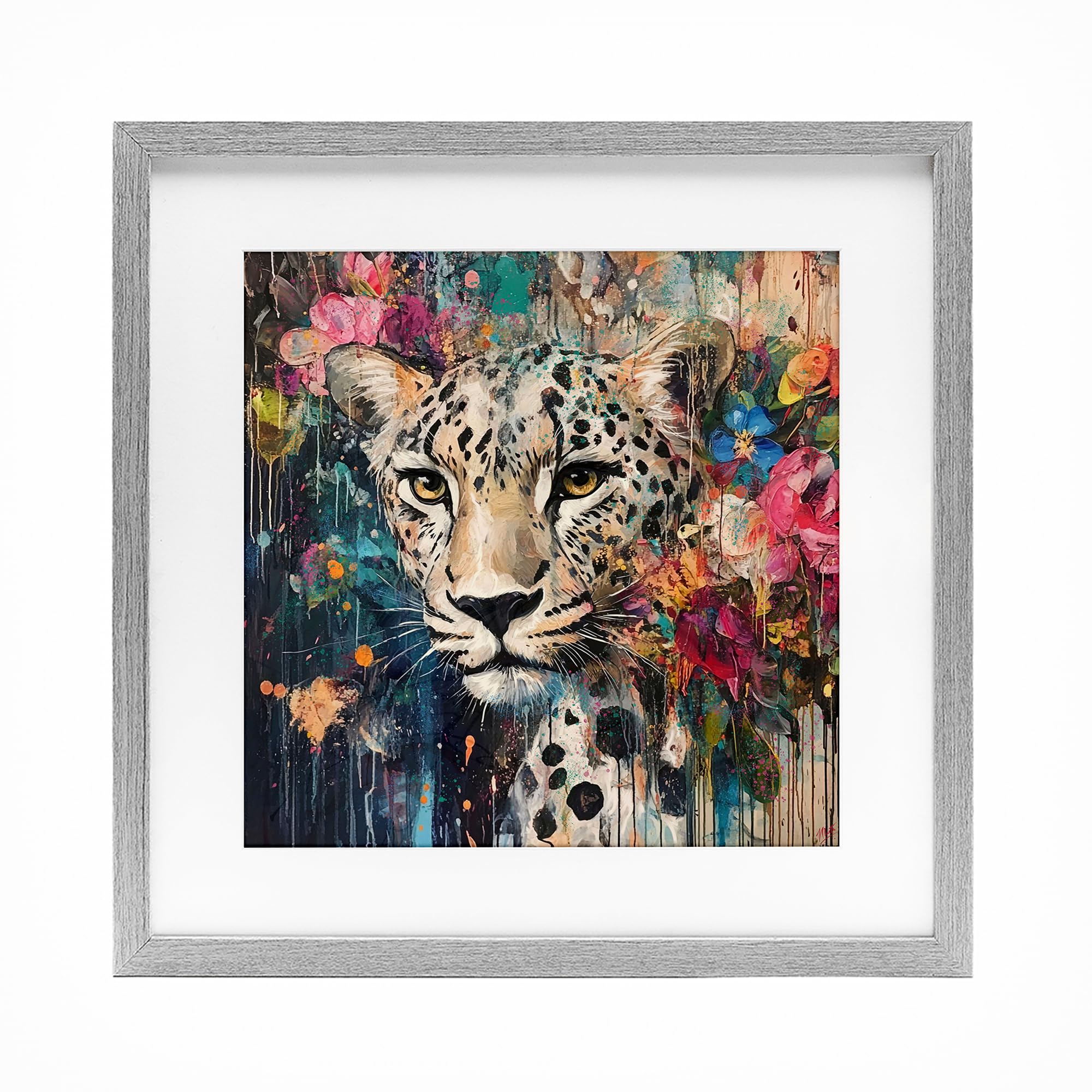 Stupell Industries Farmhouse Gray (Textured) 'Cheetah & Exotic Blooms'| Framed Print Under Glass