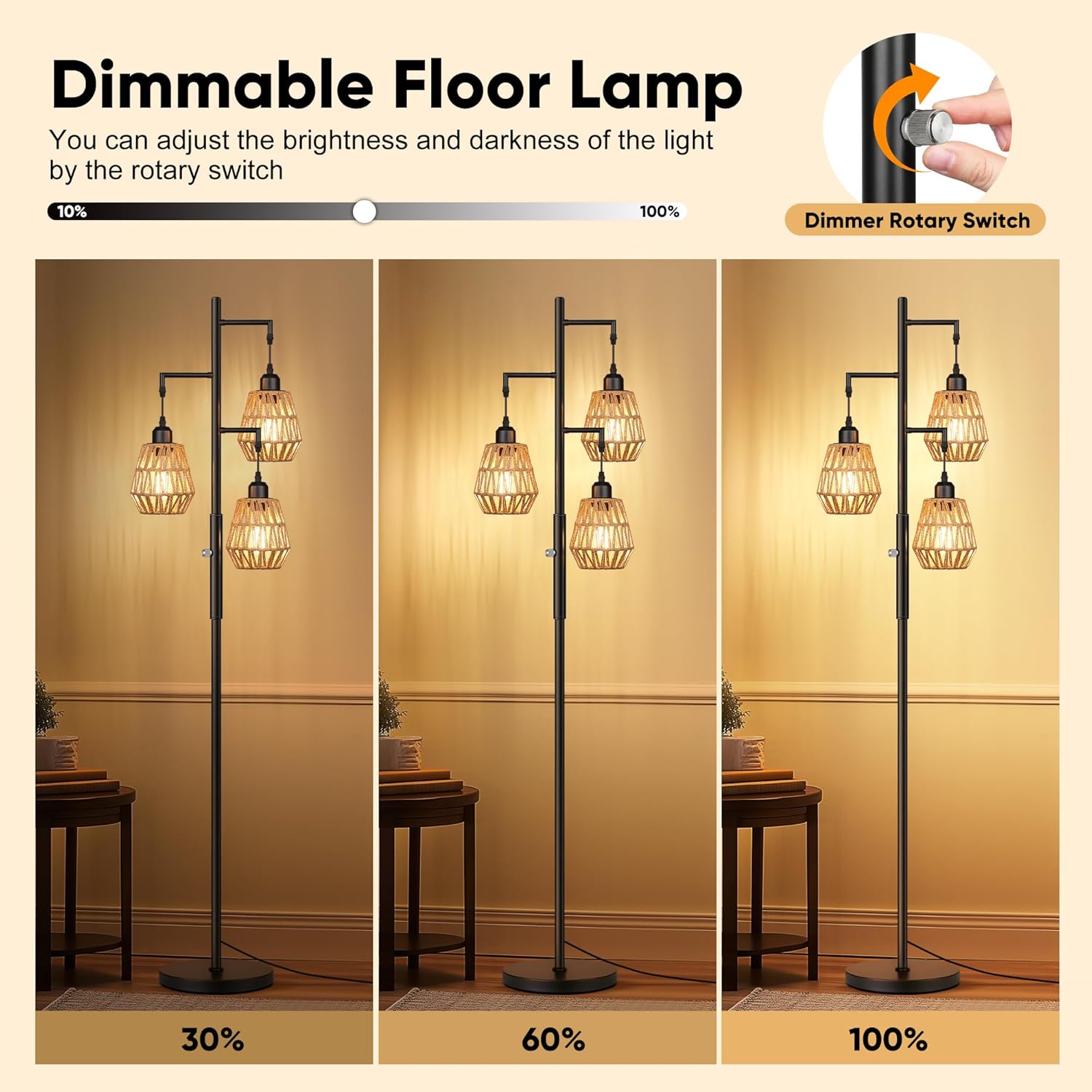 QiMH Farmhouse Floor Lamps for Living Room, Industrial Standing Lamp with 3-Lights Boho Rattan Shades, 68" Modern Rustic Tree Tall Lamps for Bedroom Office, Rotary Switch, 3 LED Bulbs Included