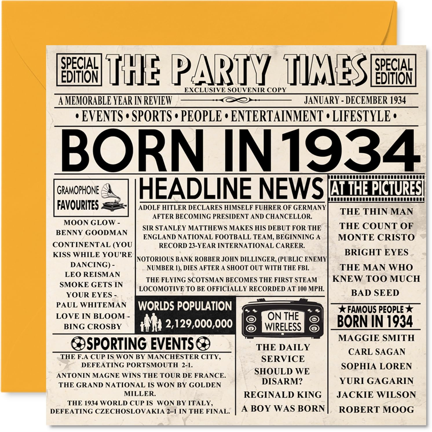 92nd Birthday Cards for Men Women - Born In 1934 Newspaper - Happy 92 Birthday Card for Grandad Grandma Nan Vintage Retro Back In 1934, 145mm Bday Greeting Cards