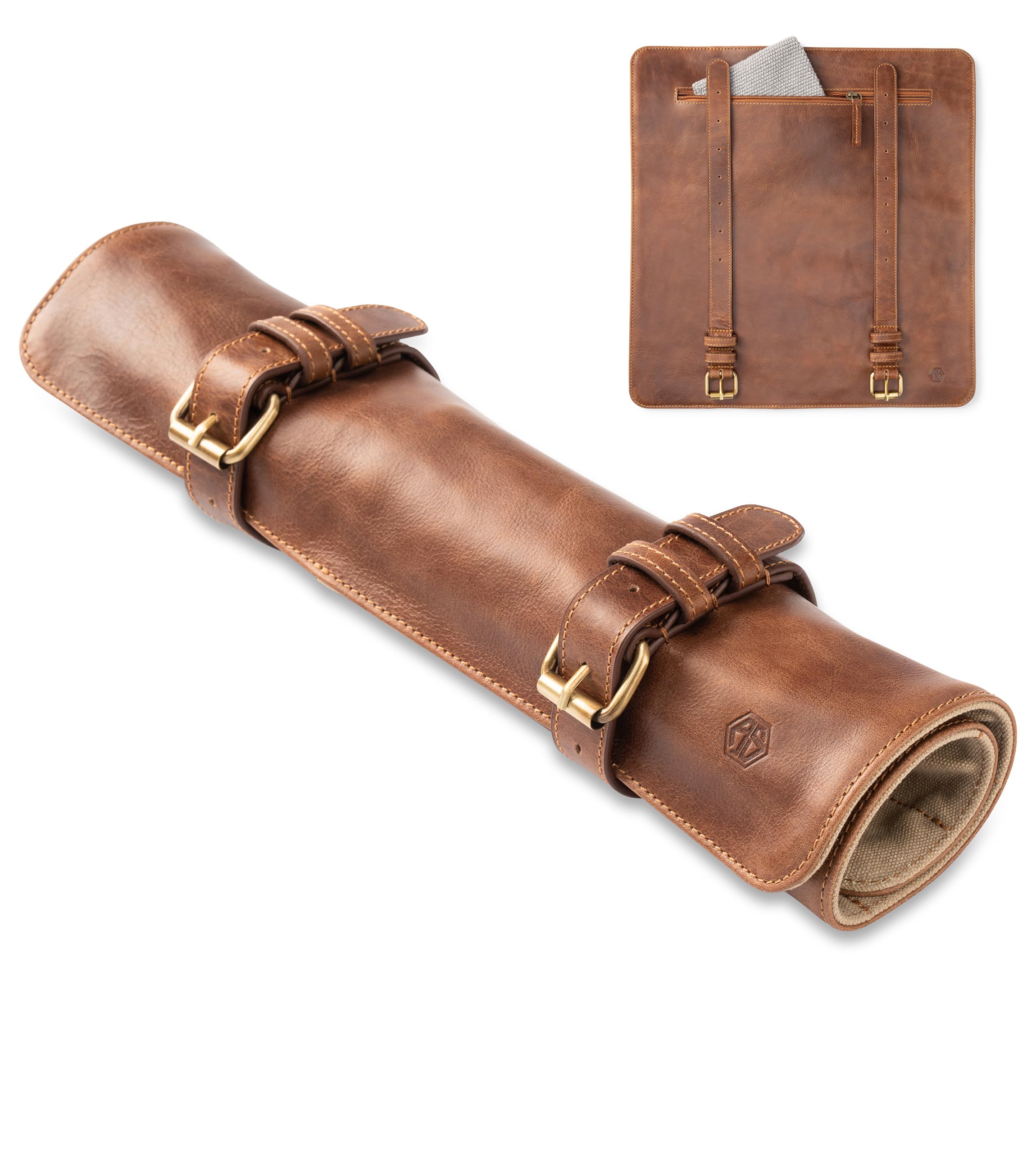 Angus Stoke Borsa per coltelli in pelle per cuochi,rotolo di coltelli da cucina grande,tasca per coltello da cucina con scomparto extra e chiusura lampo, mogano, Tasca per coltello