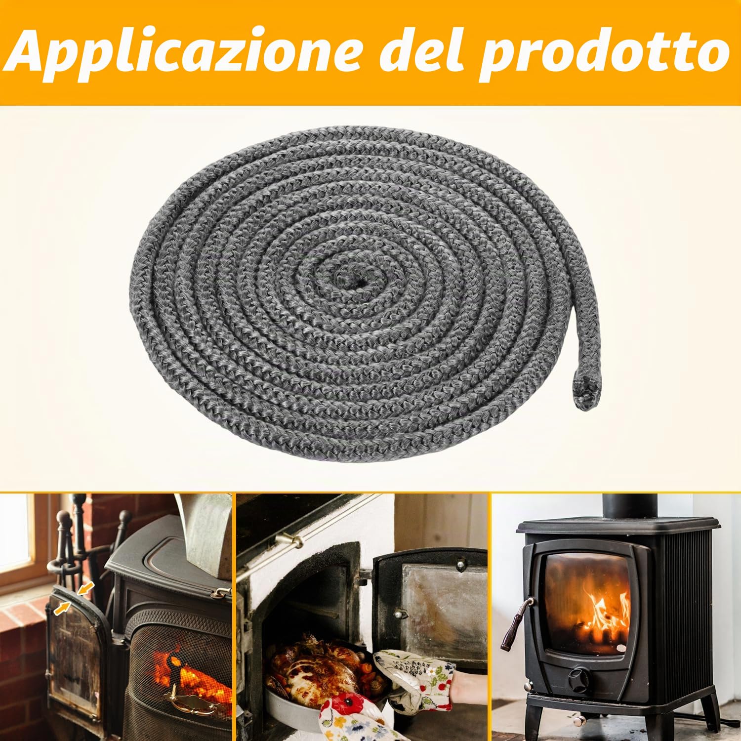 Guarnizione per Camino, 8mm x 3m Guarnizione per Vetro Camino Corda Camino Sostituzione Guarnizione per Forno Stufa a Legna per Caminetti Stufe a Legna (Grigio)
