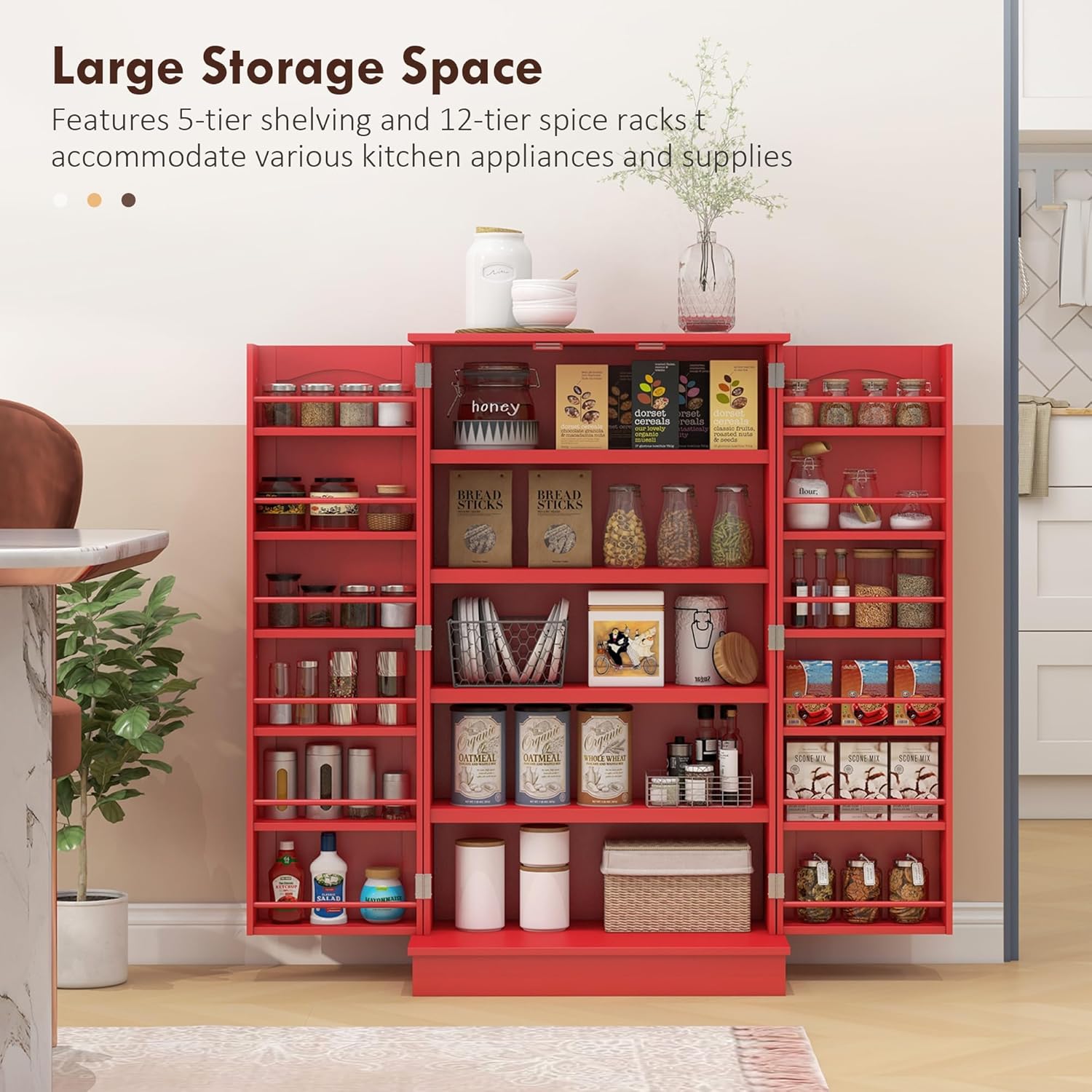 Spacious Kitchen Pantry Cabinet with Spice Racks