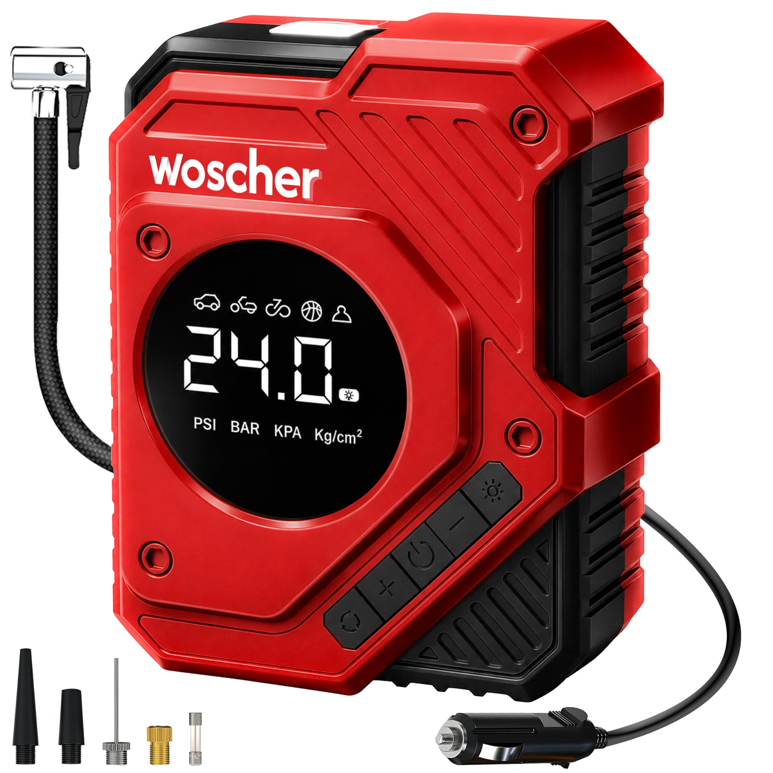 Woscher Pro Power 802D Digital Car Tyre Inflator Air Pump, Car Tyre Inflator Pump with Large LCC Display, Auto Shutoff & Built-in LED Light for Night 