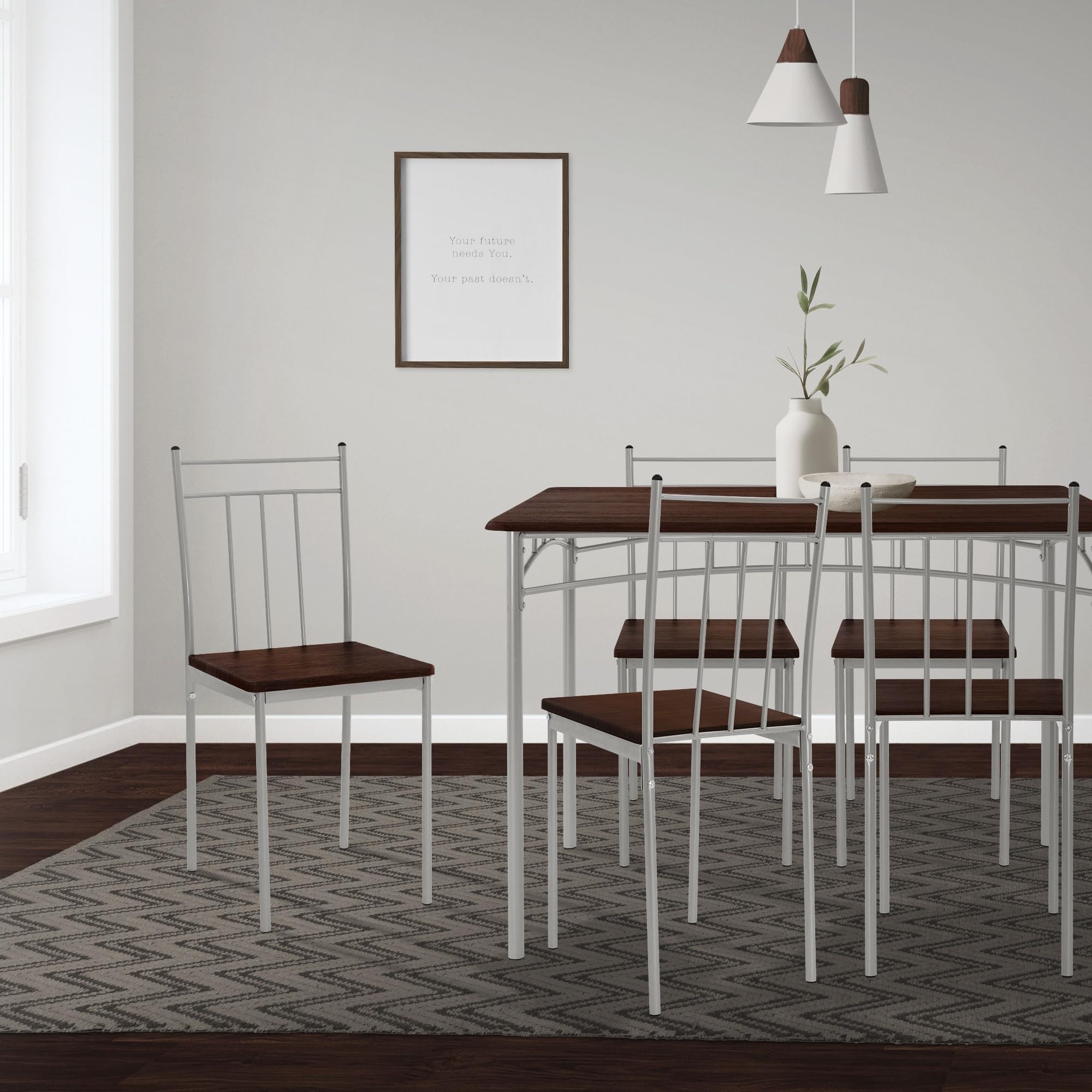ML-Design Table de Salle à Manger avec 4 Chaises, Chêne Foncé, Set de 5 Pièces pour 4 Personnes, MDF Laminé, Pieds en Métal, Matériel de Montage Inclus, Ensemble de Meubles de Cuisine Salon
