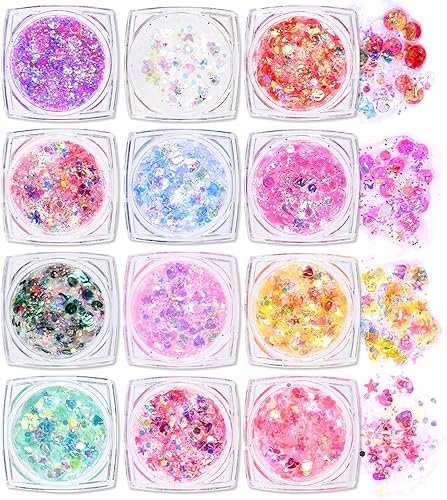 Ownest Juego de gel holográfico con purpurina gruesa de 12 colores, para fiesta de Navidad, maquillaje, cara, cuerpo, labios, cabello, uñas,