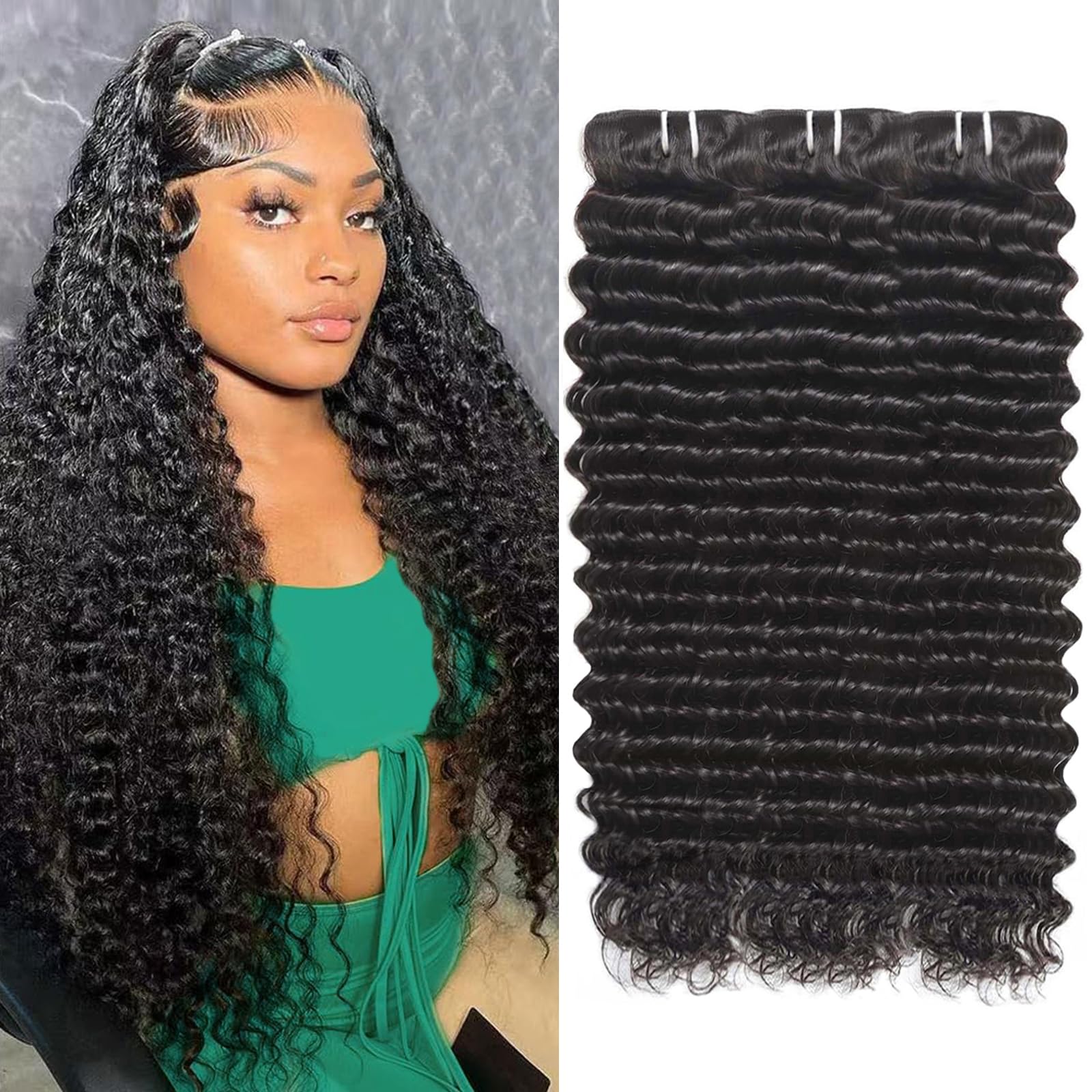 12A Deep Wave Human Hair Bundles Curly Bundles Human Hair 16 18 20 Inch 100% Unprocessed Brazilian Virgin Human Hair Extensions Quick Weave Natural