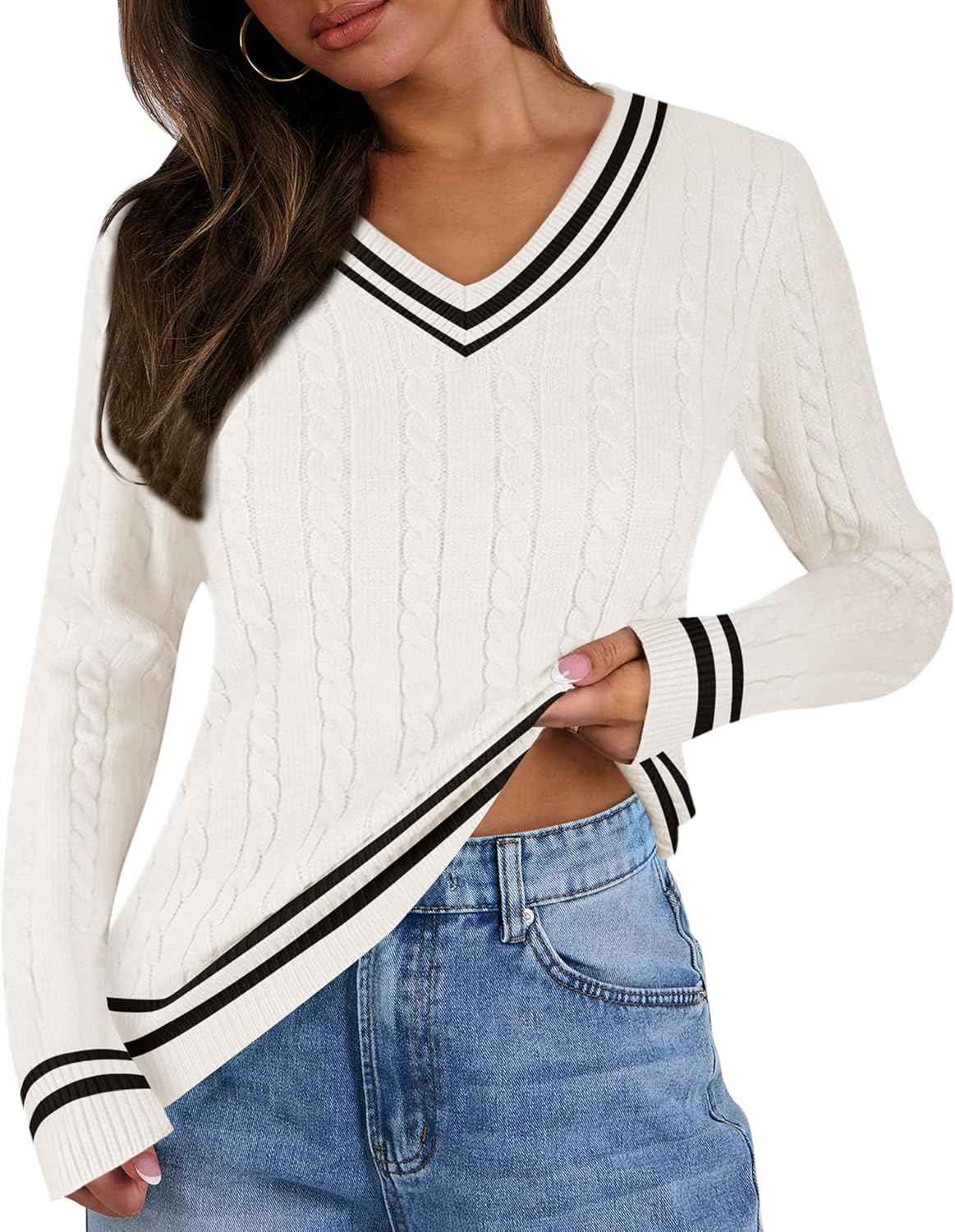 Cable Knit Sweater Women V Neck Tops for Women Long Sleeve Pullover Clothes Casual Trendy Outfits - Image 3