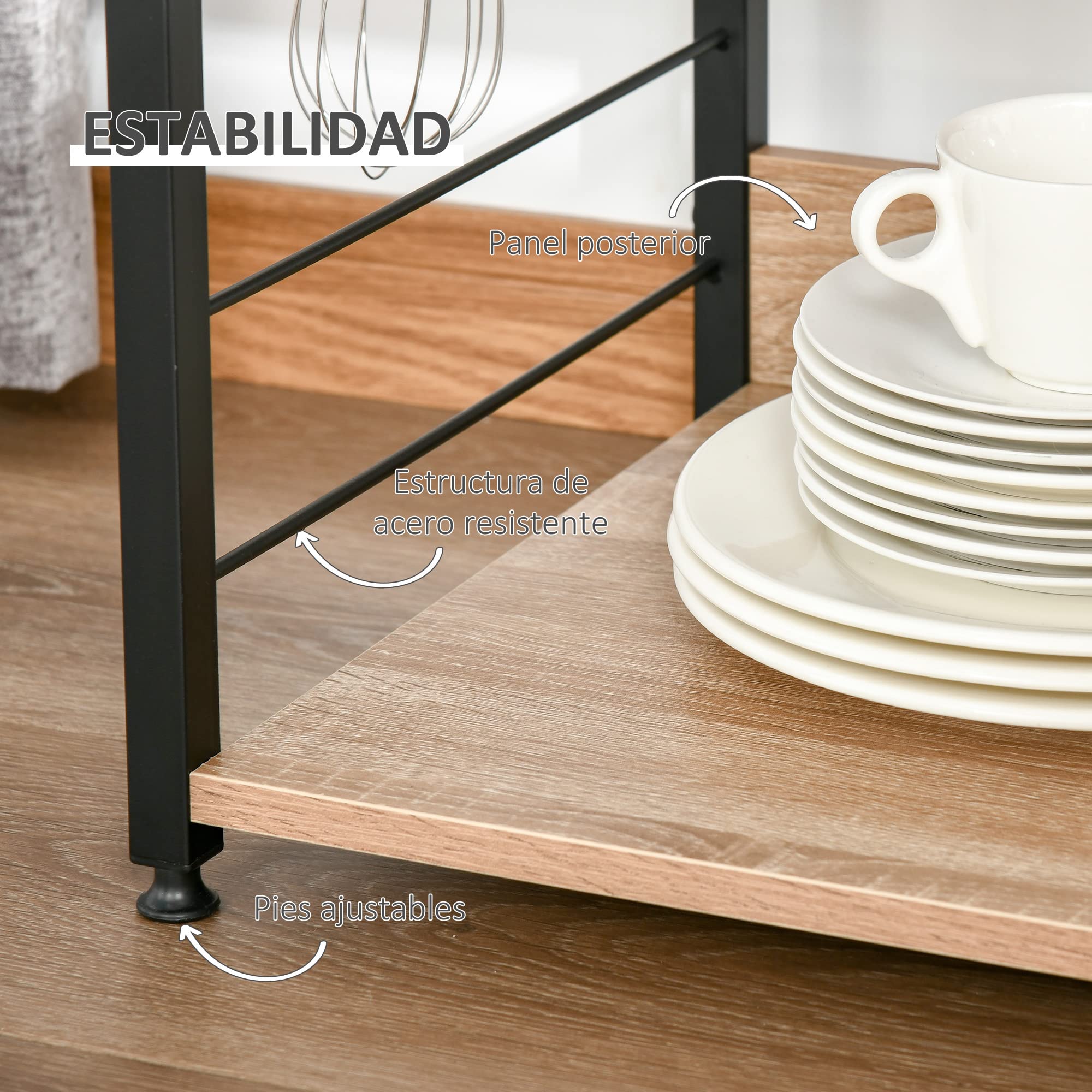 HOMCOM Estantería de Cocina de 4 Niveles Estante de Cocina con Ganchos Estantería para Microondas 60x40x125 cm Madera Natural