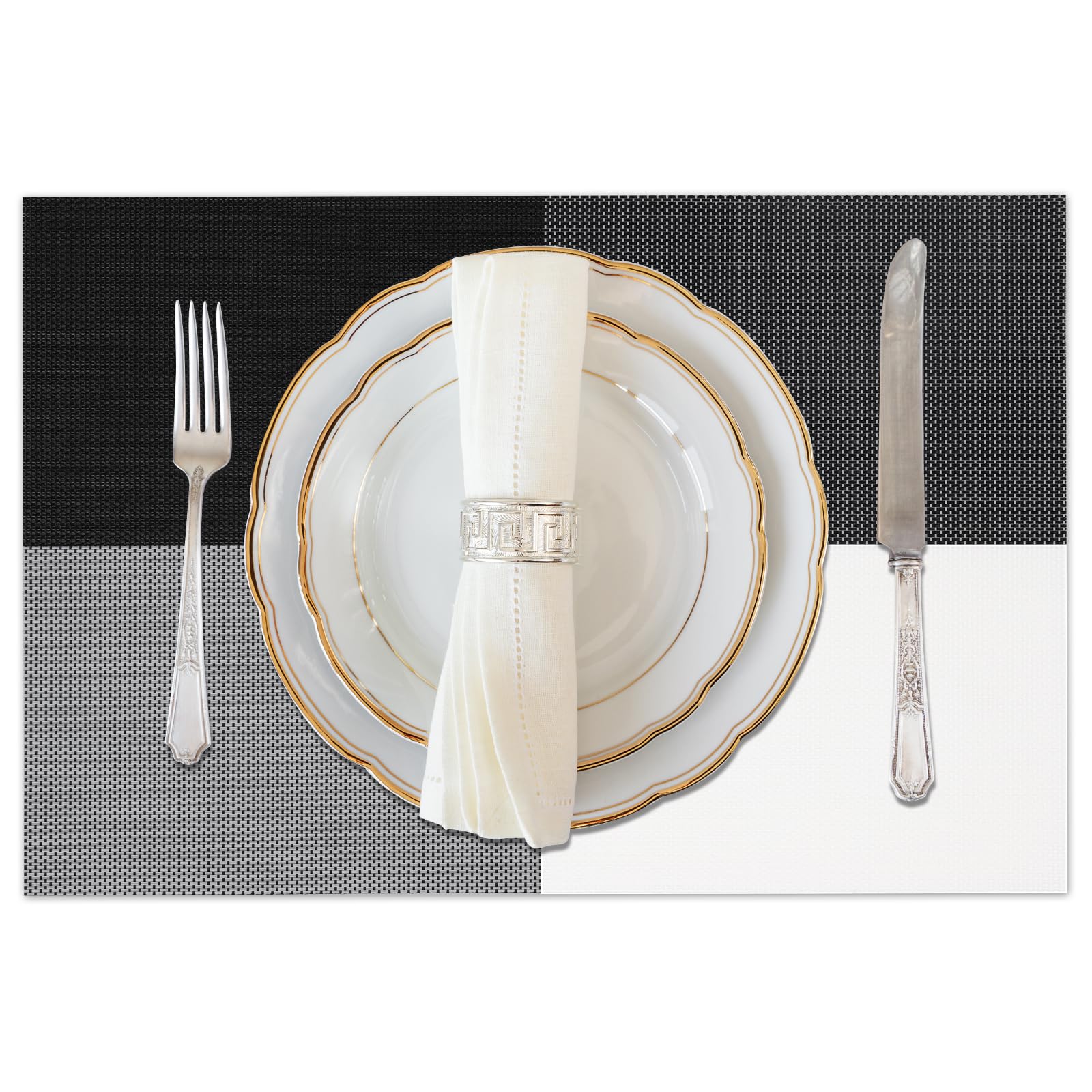 EDanle Vinyl Plastic Placemats Set of 4 Washable Heat Resistant Non-Slip Elegant Indoor Outdoor Kitchen Dining PVC Woven Table Place Mats (Black White Lattice Block)
