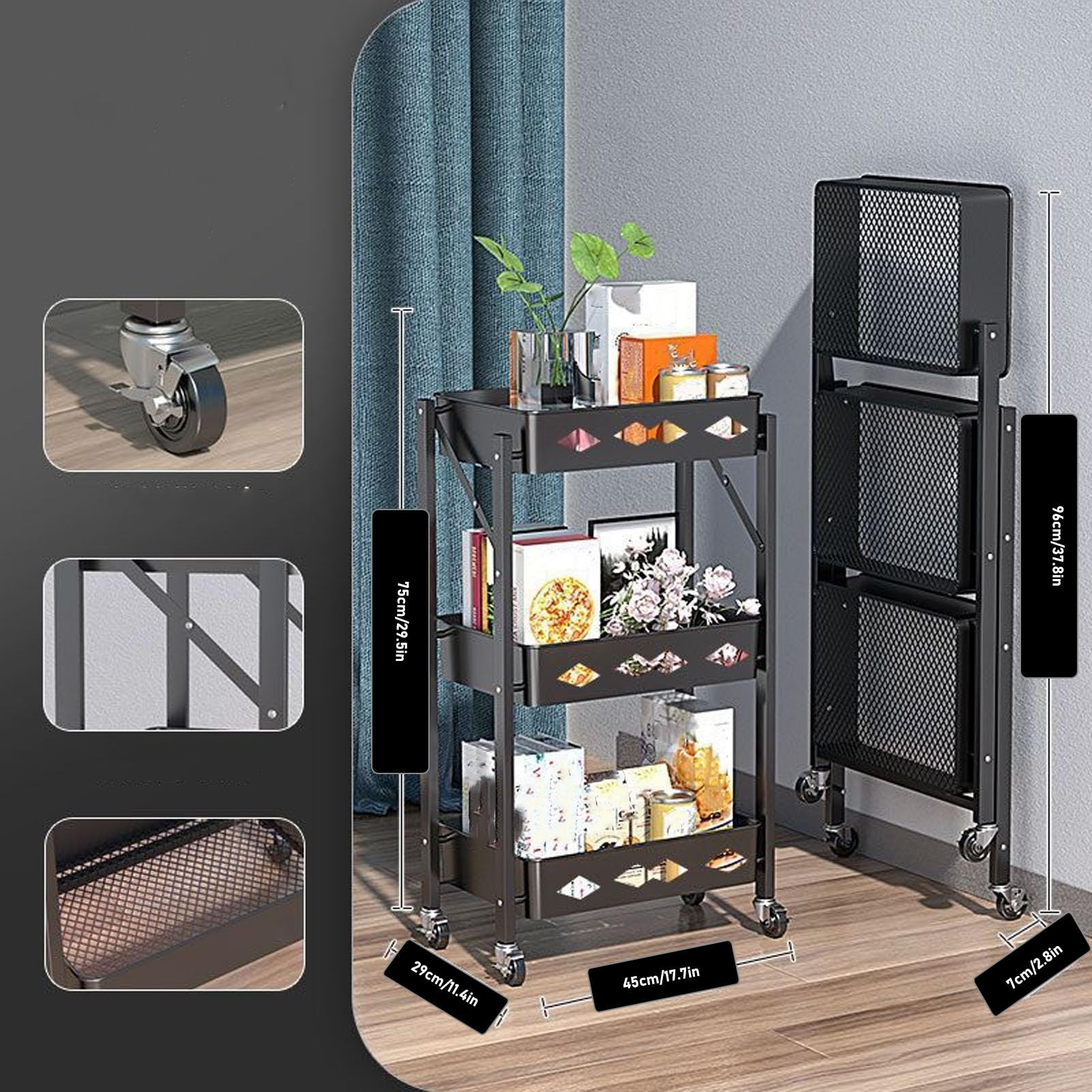 Tnfeeon Carro Rodante de 3 Niveles, Carro de Almacenamiento Móvil de Acero Al Carbono con 4 Estantes Profundos, Organizador de Servicios Públicos Plegable con Ruedas para Cocina, Baño, Lavandería,