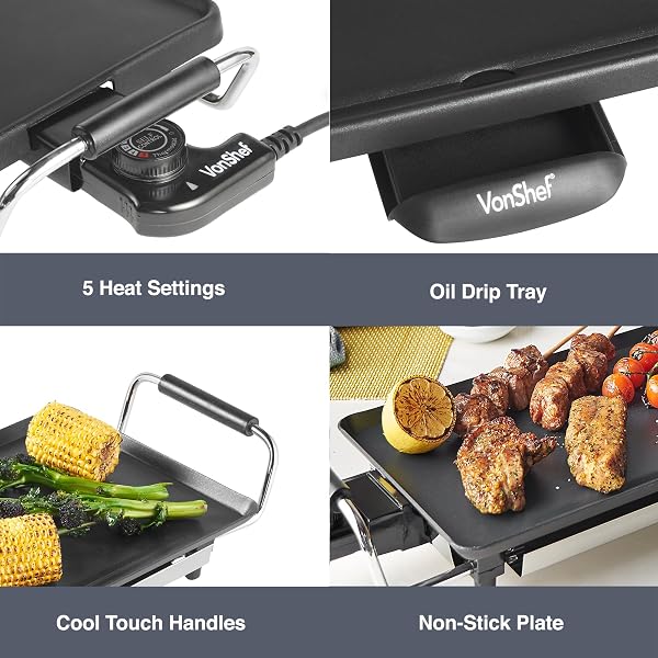 VonShef Teppanyaki Grill XL - 2000W Electric Griddle with Non-Stick Plate, Easy Clean BBQ Table Top Grill, Adjustable Temperature, Oil Drip Tray & 8 Spatulas - Meat, Vegetables & Fish, 70x23x10cm - 4