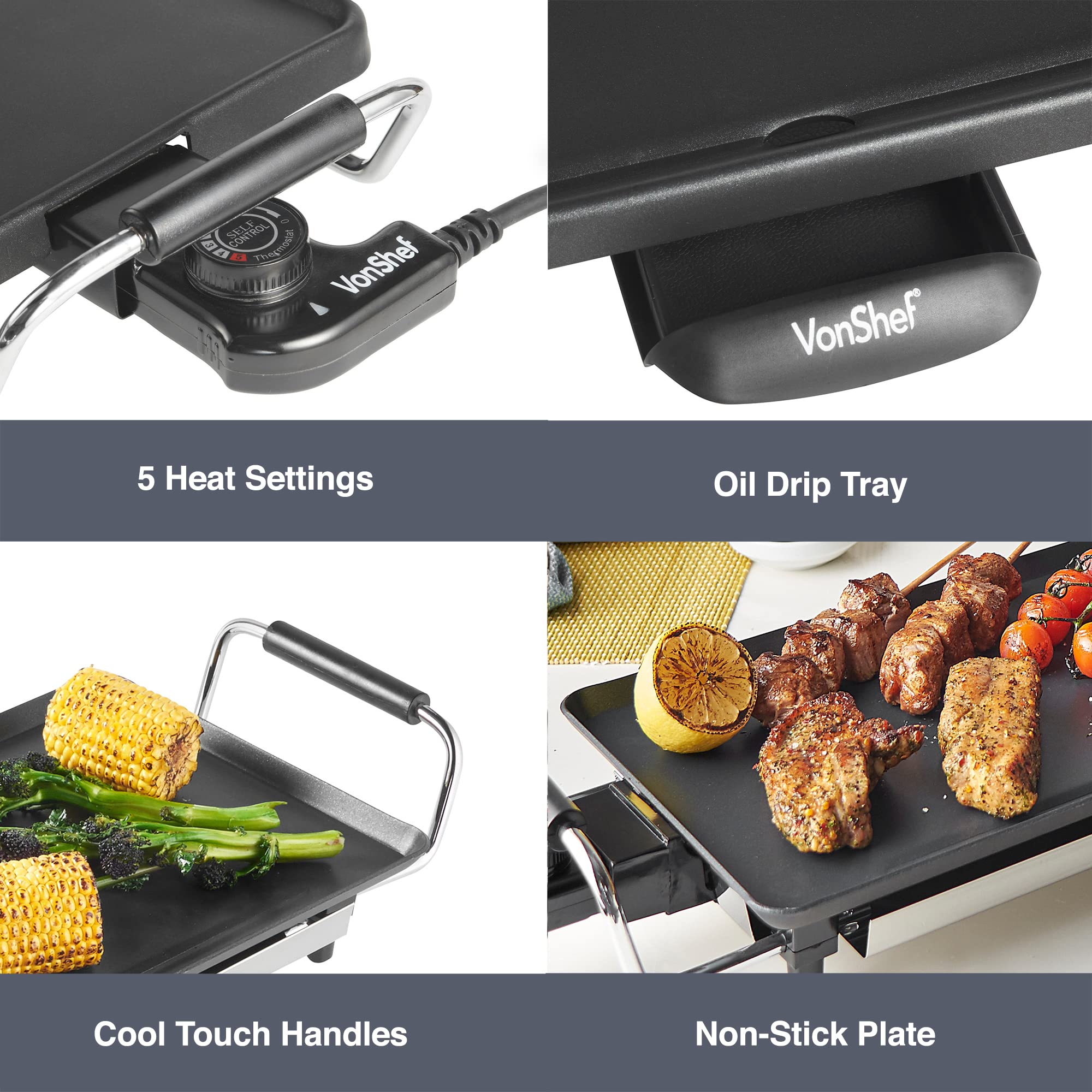 VonShef Teppanyaki Grill XL - 2000W Electric Griddle with Non-Stick Plate, Easy Clean BBQ Table Top Grill, Adjustable Temperature, Oil Drip Tray & 8 Spatulas - Meat, Vegetables & Fish, 70x23x10cm — view 4