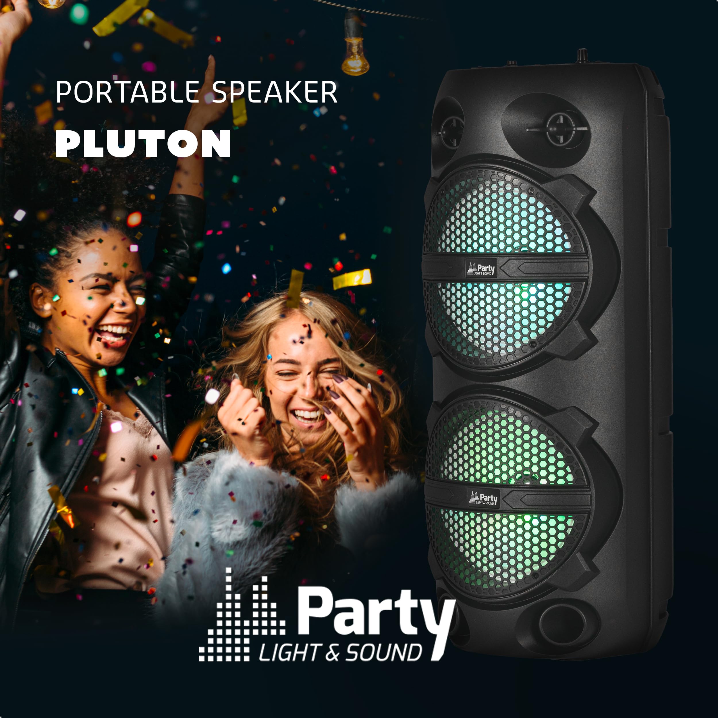 Party Light & Sound - PLUTON - Głośnik, przegroda 2 x 8"/20cm 300W na akumulatorze - Efekt świetlny - 1 mikrofon przewodowy i 1 pilot - Bluetooth, USB, Micro SD i TWS - Czarny