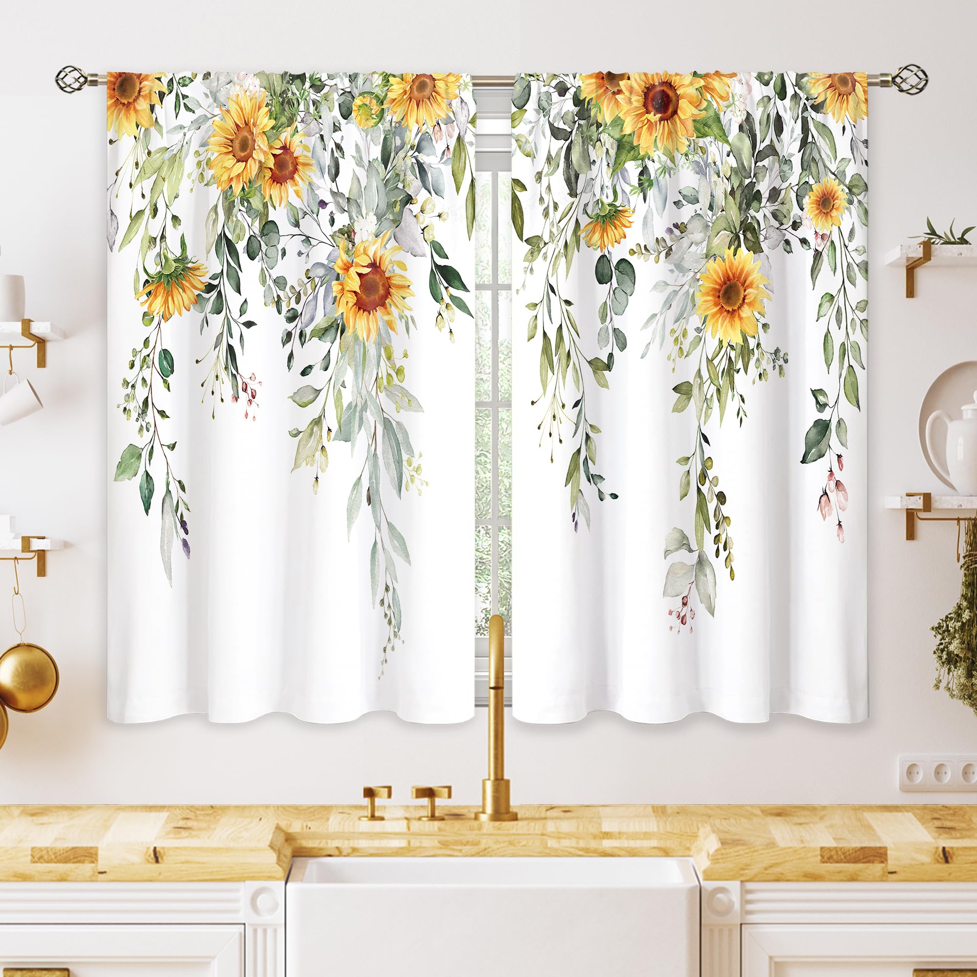 oolygoo Eucalyptus Botanical Leaves Yellow Sunflower Floral Kitchen Window Curtains Flower Plant Small Window Treatment Sage Green Cafe Short Curtains