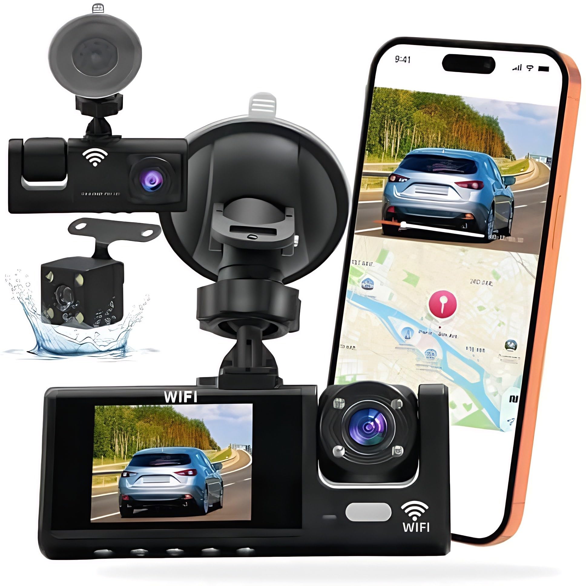 Cámara Dashcam 3 cámaras 1080P Full HD | Seguridad máxima 360° sin ángulo muerto, visión nocturna y estacionamiento vigilado, WiFi integrada detección de movimiento, ideal para conductor VTC
